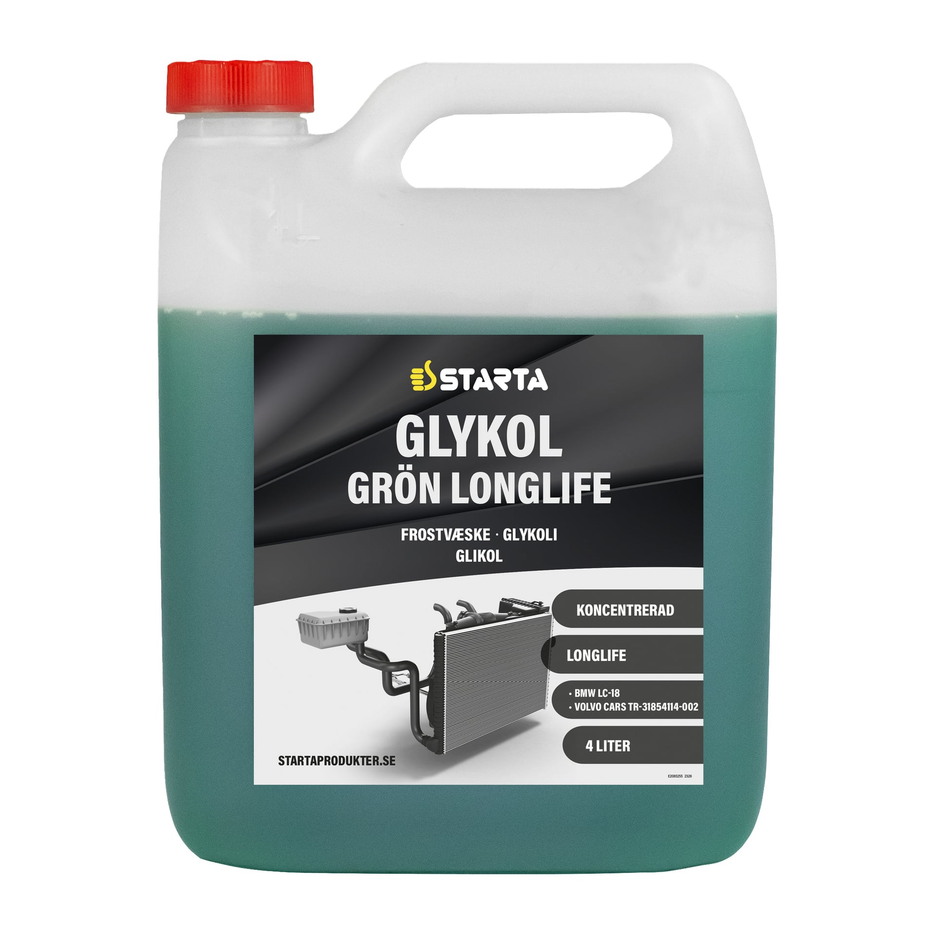 En 4-liters Starta Glycol Concentrate Longlife-behållare med röd lock, kylarbild och långvarig grön kylvätska inuti.