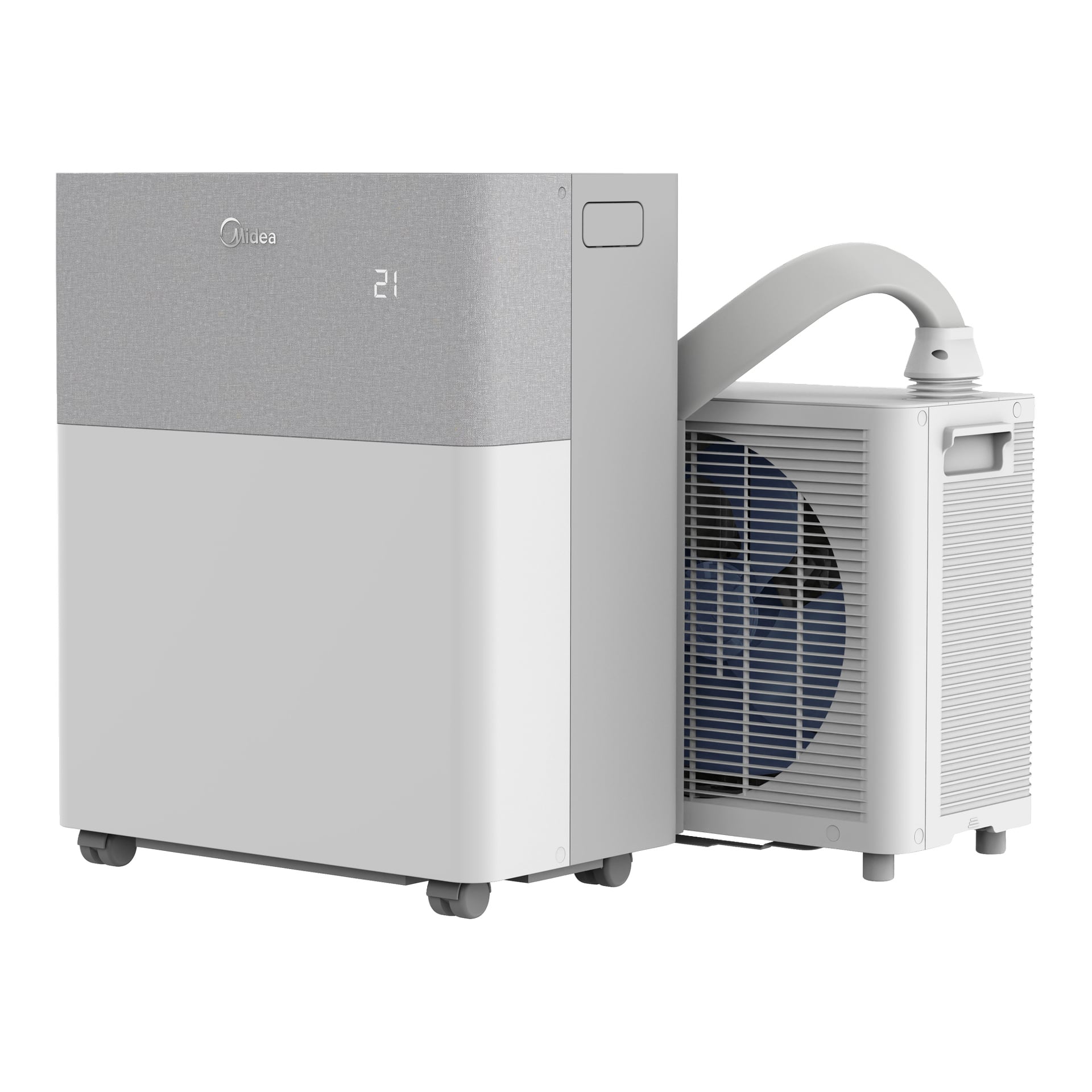 Midea PortaSplit portabel AC med värmepump, digital display, flexibel avgasslang, modern design, båda enheterna på små hjul.