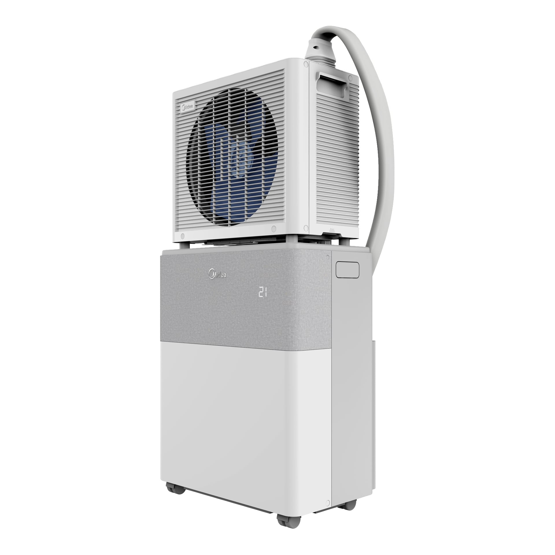 Midea PortaSplit portabel luftkonditionering med värmepump, digital display, toppslang, slanka linjer och neutrala toner.