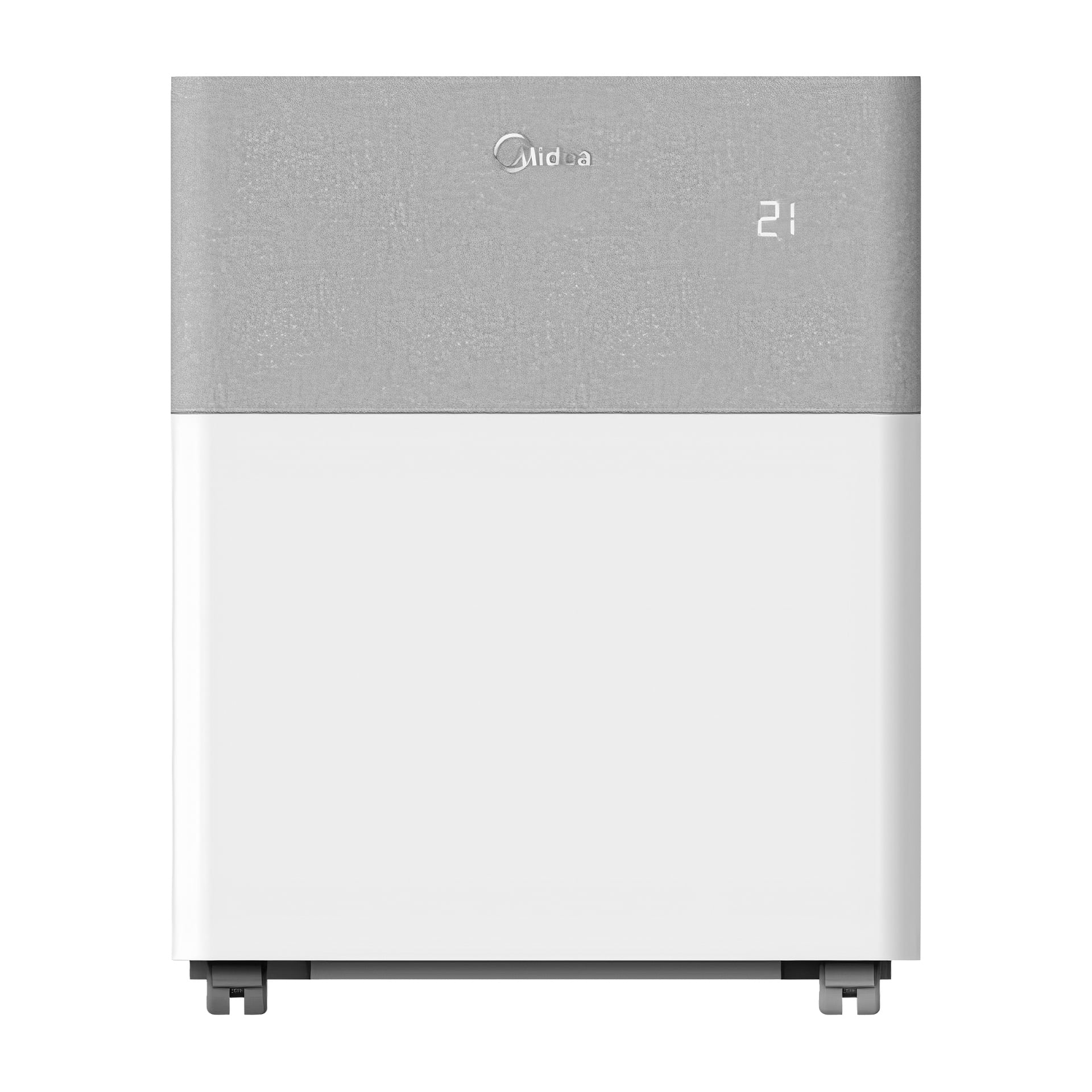 En vit och grå Midea PortaSplit portabel luftkonditionering med värmepump, med "21" på skärmen uppe till höger. Den står upprätt.