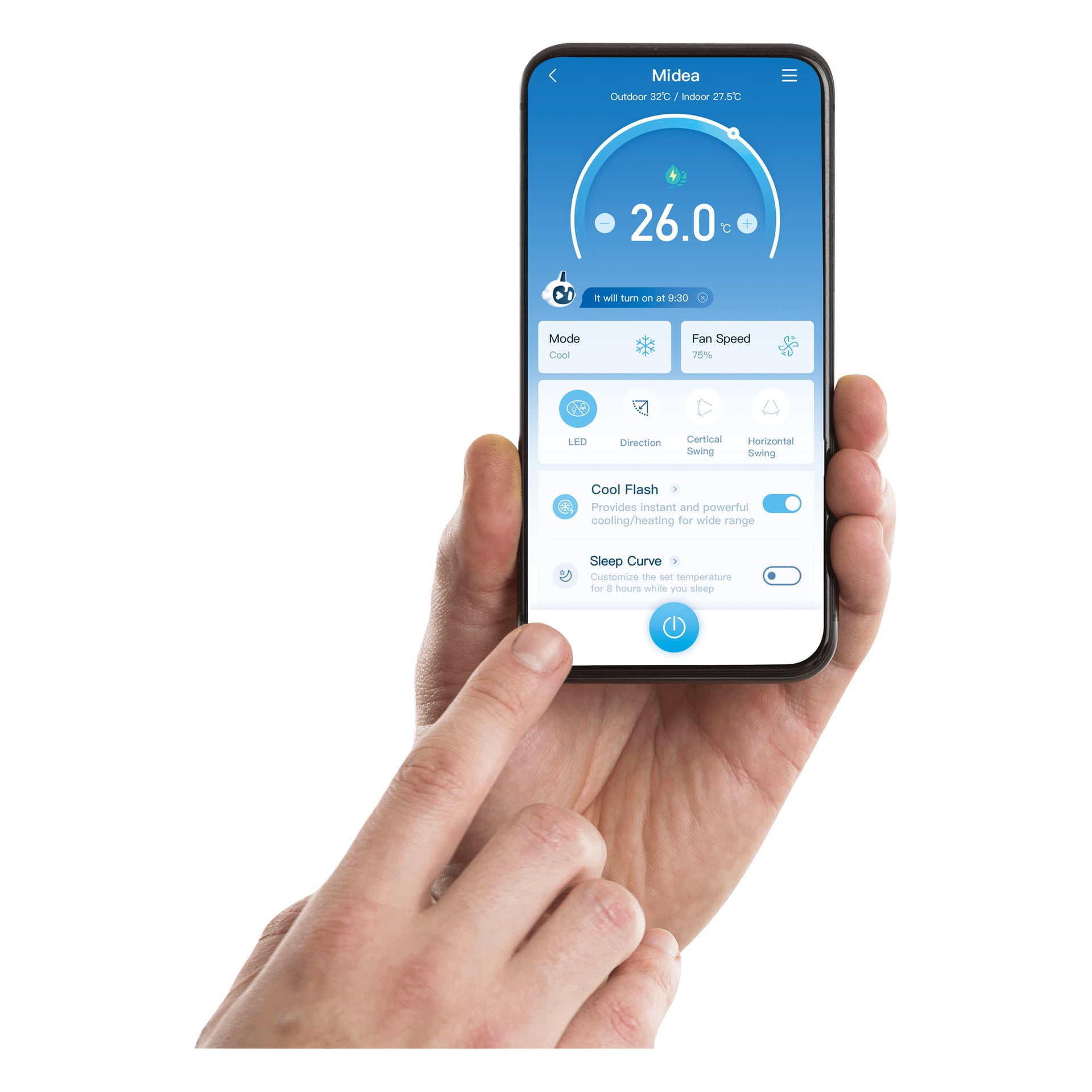 En hand håller en smartphone som visar Midea PortaSplit-appen inställd på 26°C Cool-läge, med fläkt-, riktnings-, Cool Flash- och Sleep Curve-alternativ.