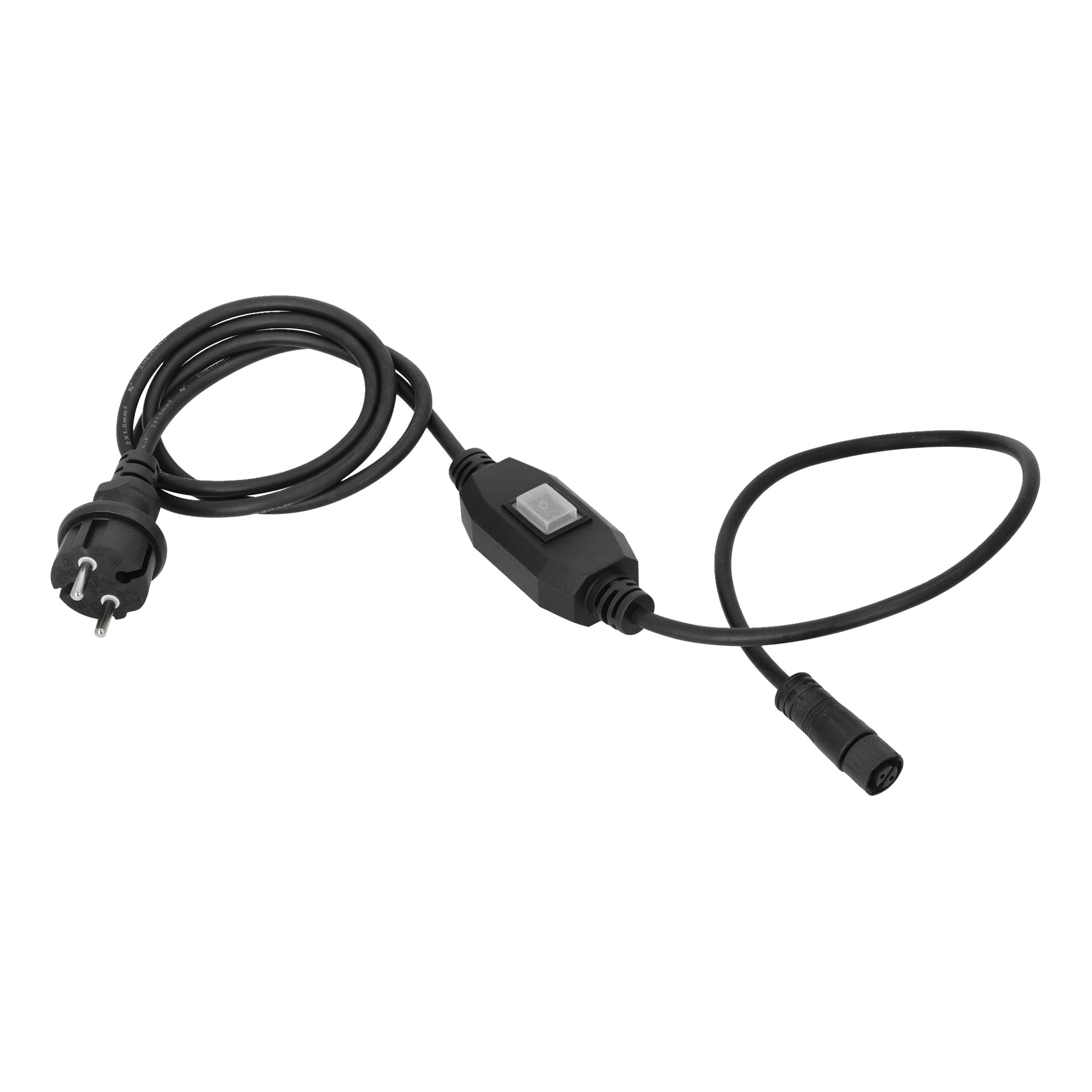 Kabel Anslut do taśmy LED: kabel, wtyczka europejska, przełącznik inline i cylindryczne złącze, starannie zwinięte.