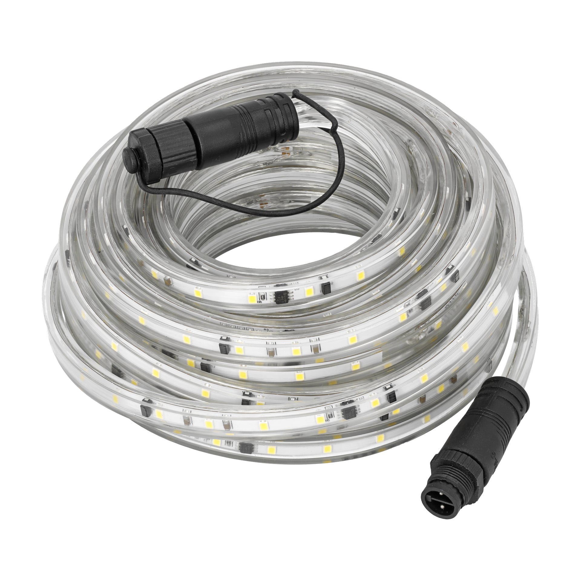 Die Anslut LED-Arbeitsleiste hat eine gewickelte, transparente Bauweise mit gelben LEDs im Inneren und schwarzen Steckern an beiden Enden.