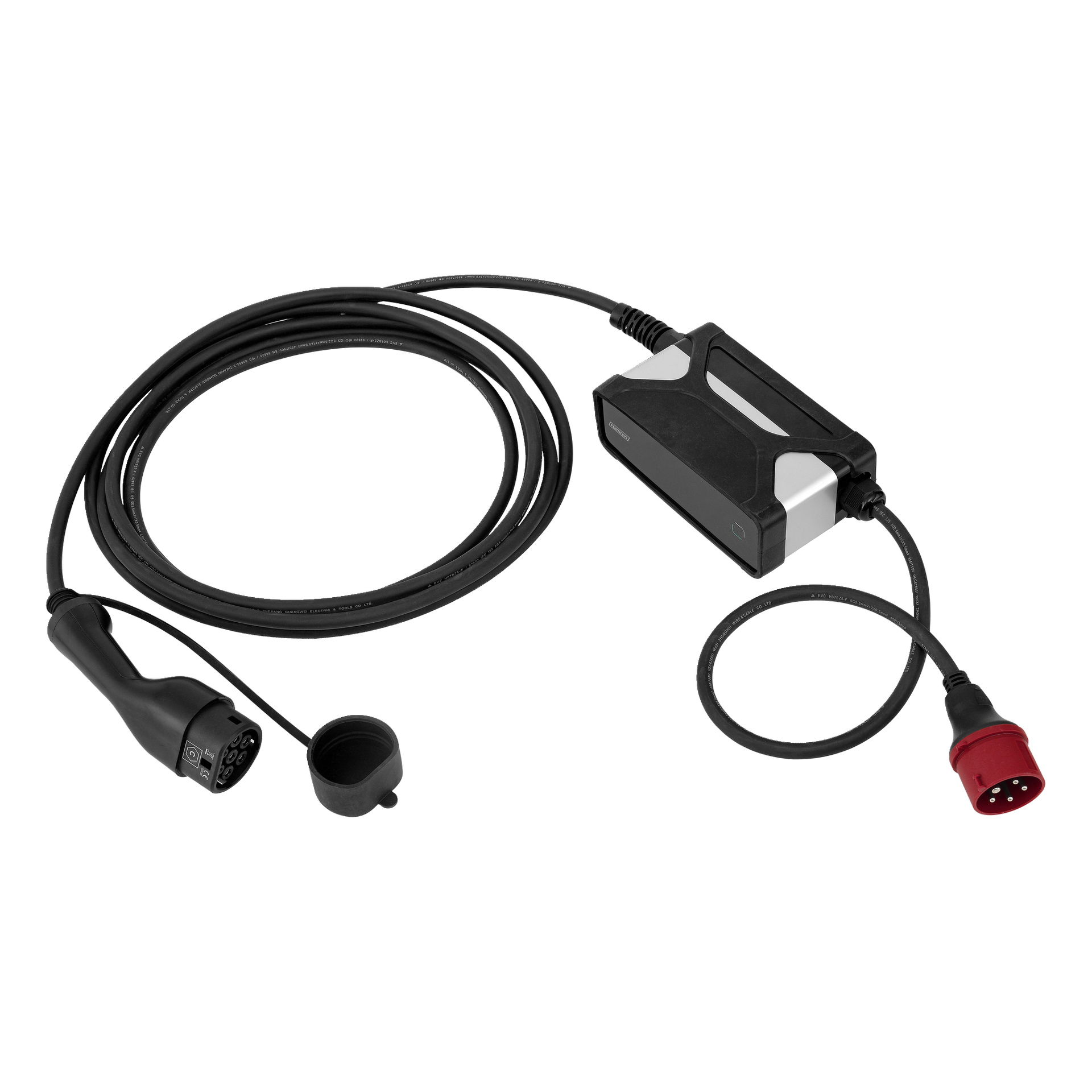 Hamron Portable Type 2 trefas EV-laddare med löst spiralad svart kabel, mittstyrbox, Type 2-kontakt och röd 5-polig kontakt.
