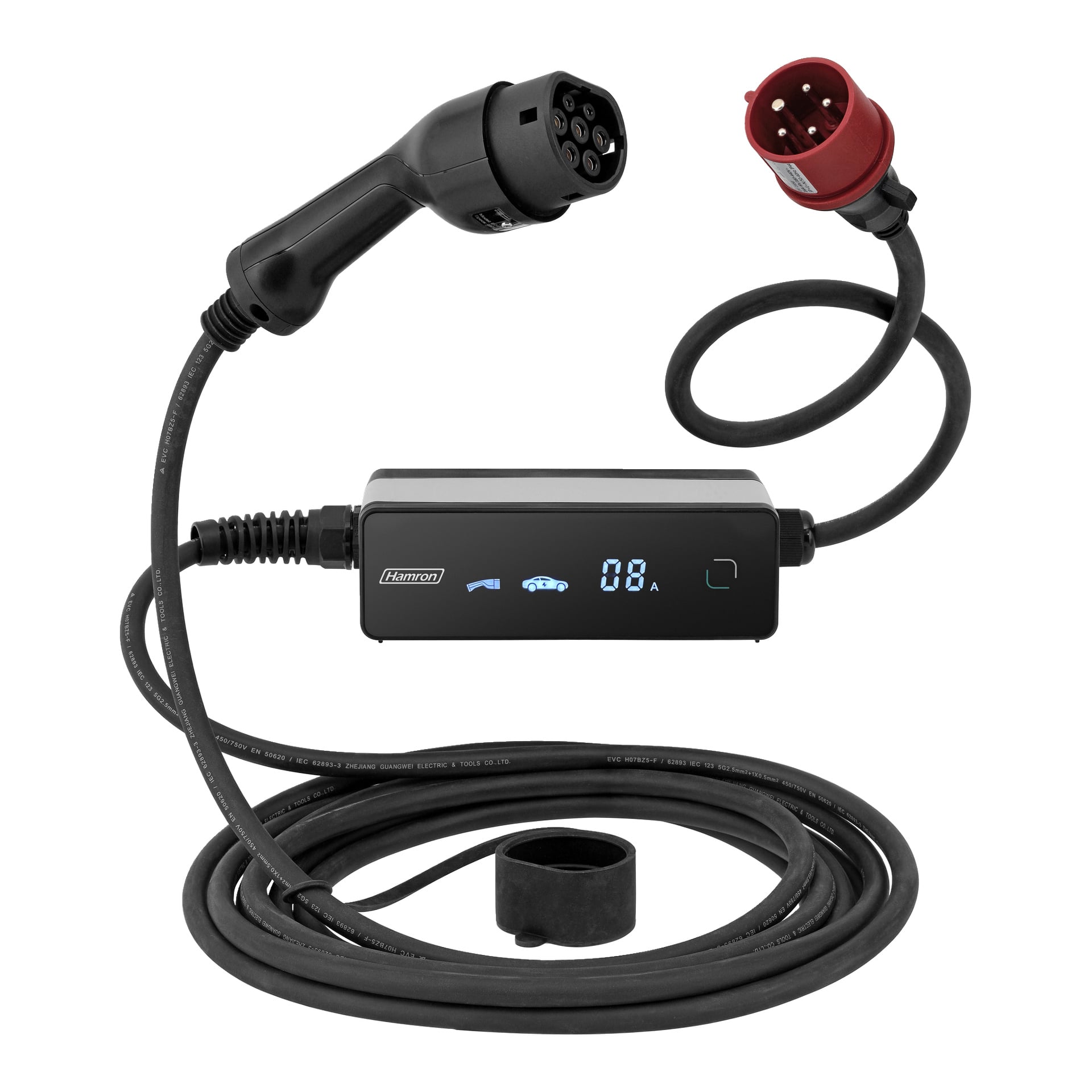 Hamron Portable Type 2 trefas EV-laddare med svart kabel, styrenhet visar 08A, röd kontakt och svart ring på den spiralade sladden.
