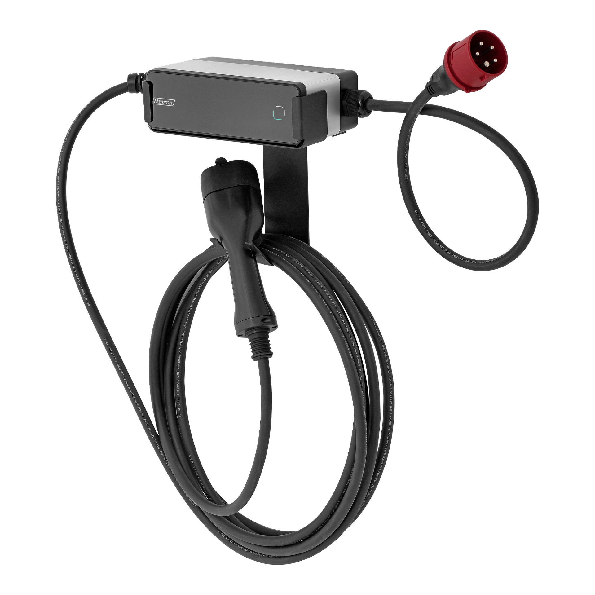 Hamron Portable Type 2 trefas EV-laddare med svart och silverfärgad väggenhet, spiralad kabel och ett rött industriuttag.