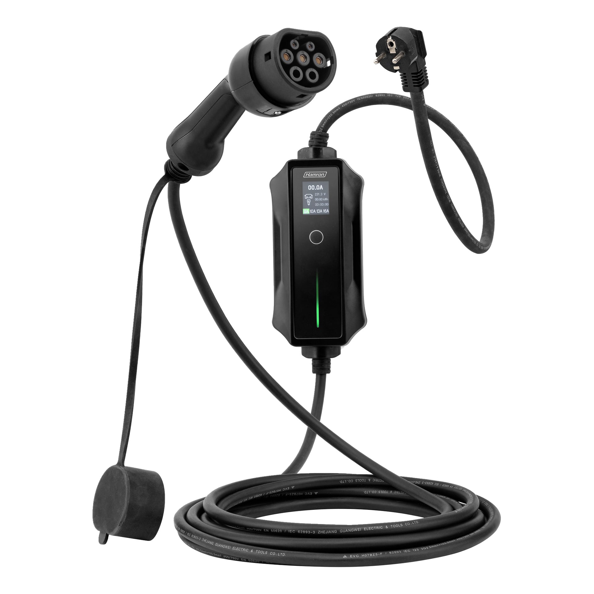 En svart Hamron Portable Type 2 enfas EV-laddare med digital display, europeisk kontakt och Type 2-kontakt.