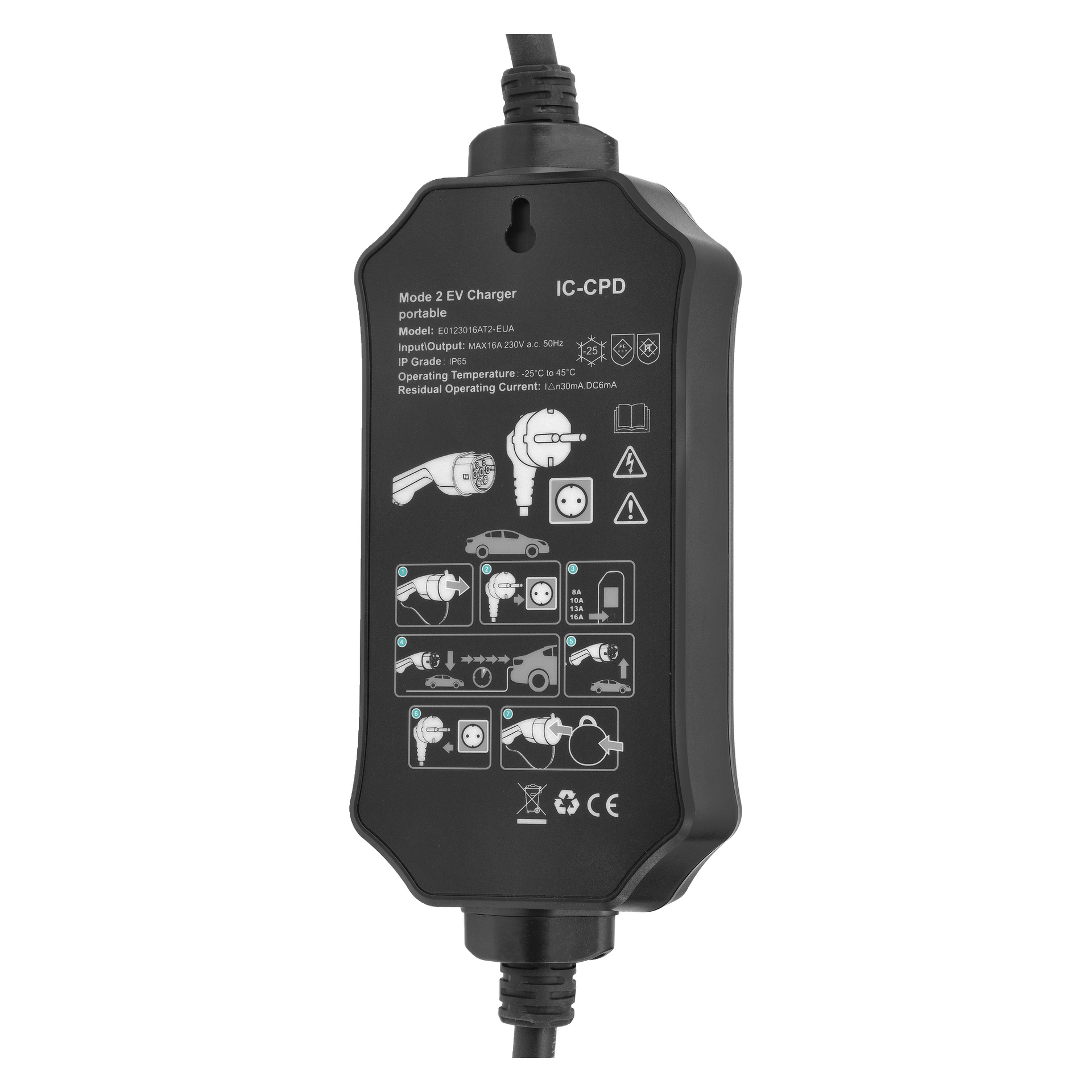 Hamron Portable Type 2 enfas EV-laddare med anslutna kablar, frontpanel med specifikationer, temperaturområde och säkerhetsikoner.