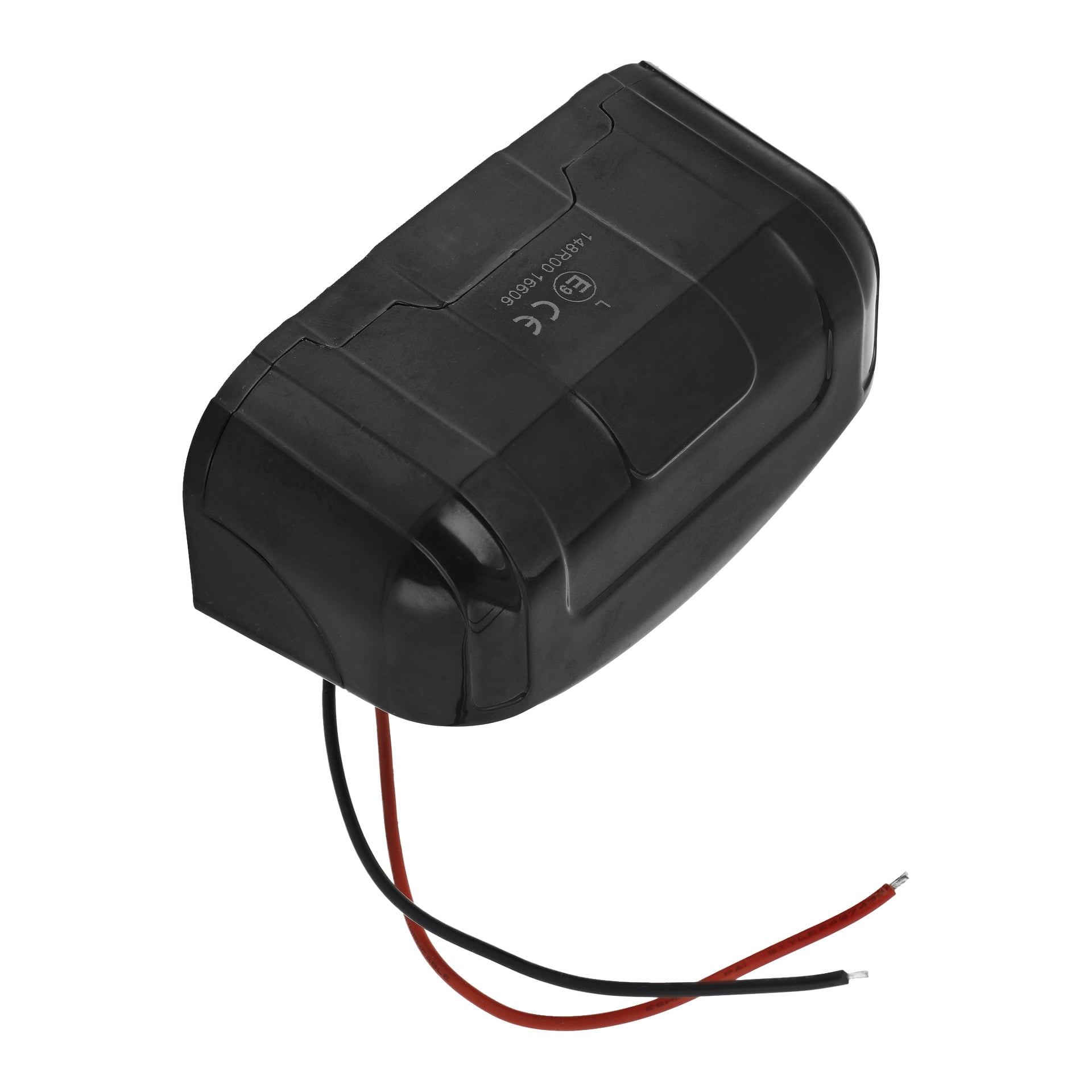 Svart rektangulær Hamron LED-nummerskiltbelysningsbatteripakke, røde og svarte ledninger i den ene enden, etikett med tekniske detaljer og symboler.