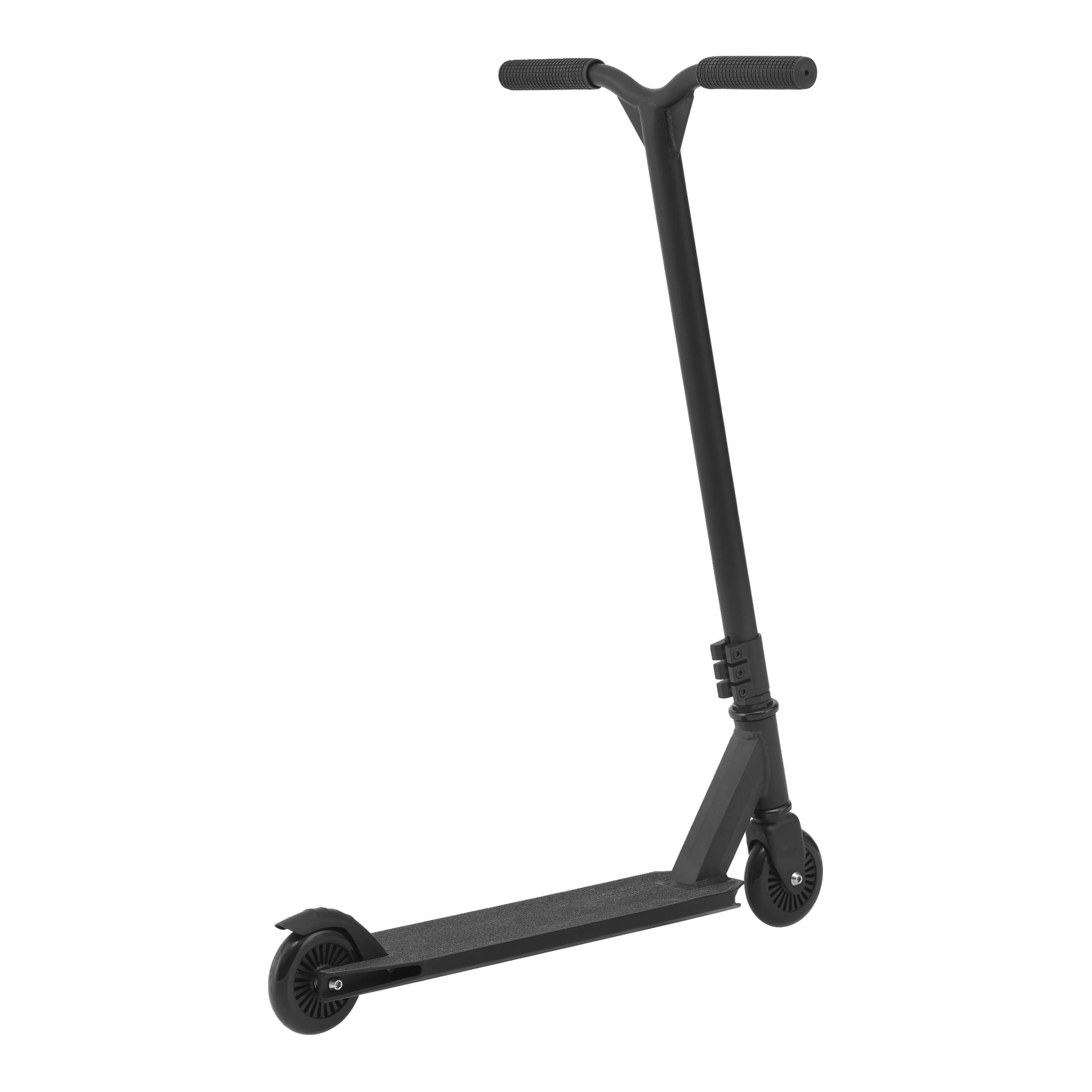 En svart Kayoba Stunt-scooter med två små hjul, rakt styre med texturerade grepp och ett smalt däck står upprätt.