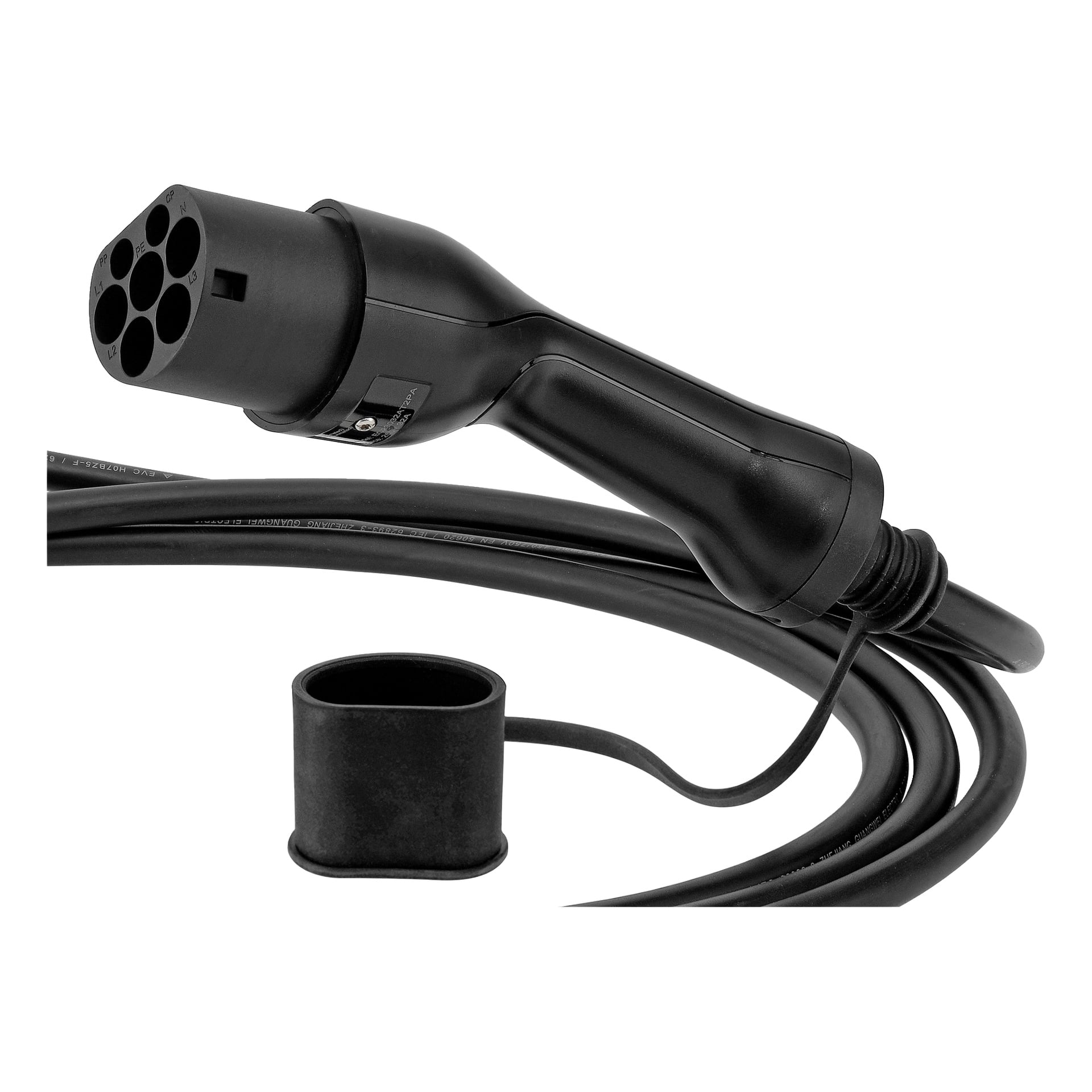 En svart Hamron Type 2 elbilsladdkabel med matchande lock på en kort rem, prydligt lindad under kontakten.