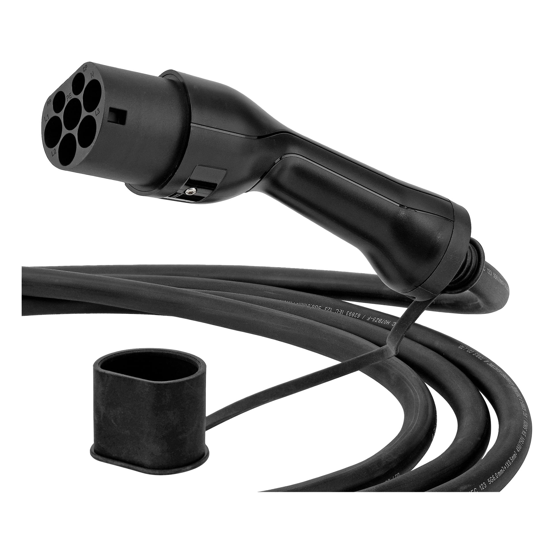 En Hamron Type 2 elbilsladdkabel med handtag och sexpolig kontakt är spiralad, med ett litet svart lock bredvid.