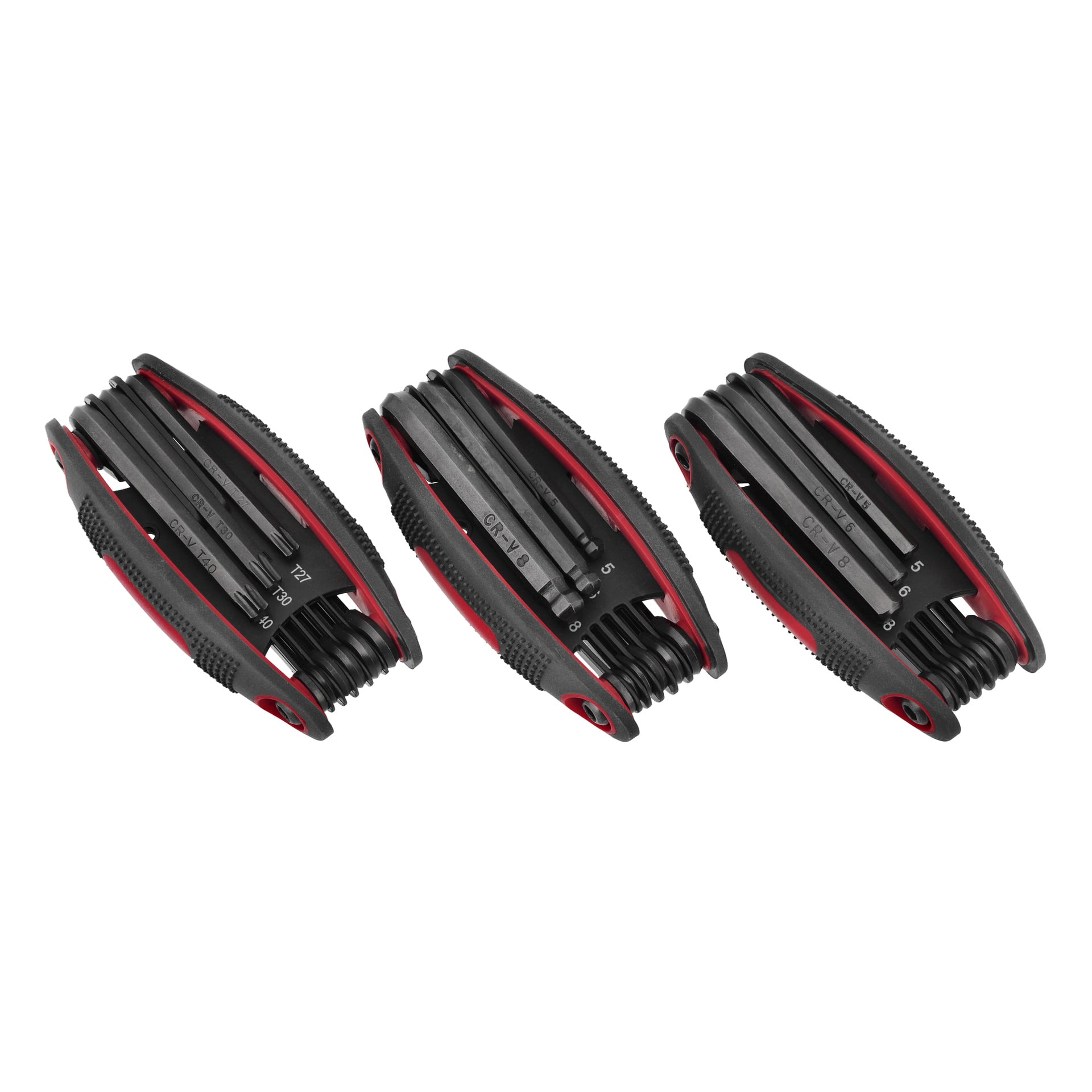 Trzy zestawy kluczy sześciokątnych/torx Meec Tools (3-częściowe, czarne i czerwone) z kluczami rozkładanymi w różnych rozmiarach są ustawione obok siebie.