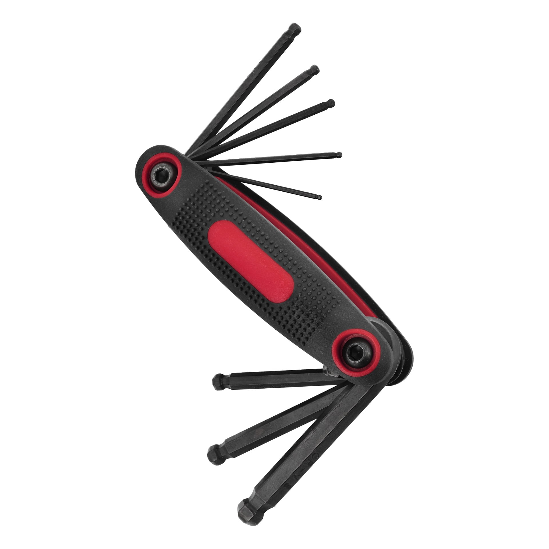 Zestaw kluczy Hex/Torx Meec Tools zawiera trzy elementy z czarno-czerwonym rozkładanym uchwytem oraz kilka kluczy sześciokątnych rozciągniętych w obie strony.