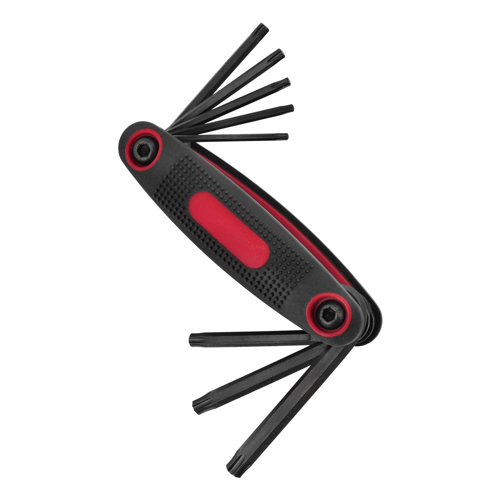 Trzyczęściowe zestawy kluczy Meec Tools Hex/Torx z czarno-czerwonym składanym uchwytem oraz kilkoma kluczami sześciokątnymi wysuwanymi po obu stronach.