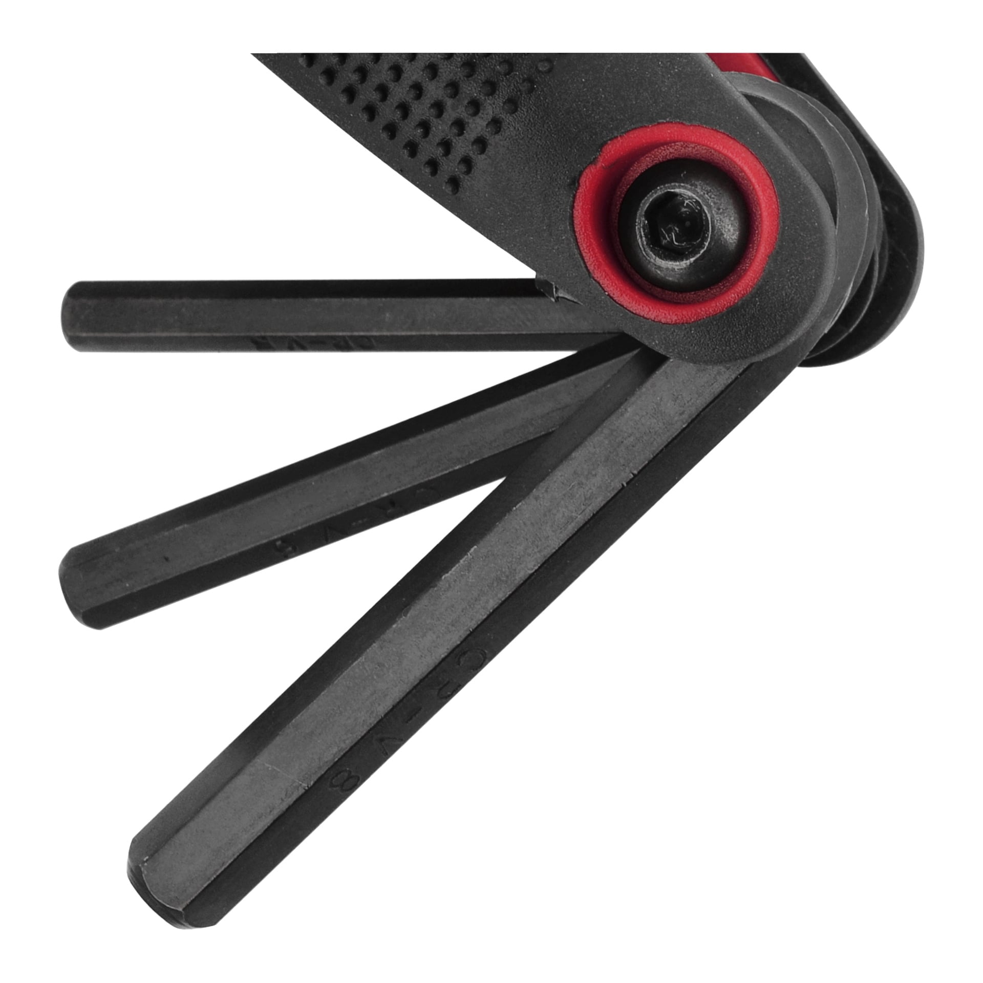 Trzy klucze heksagonalne/torx Meec Tools są wysuwane pod różnymi kątami, każdy z czarną rączką, czerwonymi akcentami i teksturowanym chwytem.