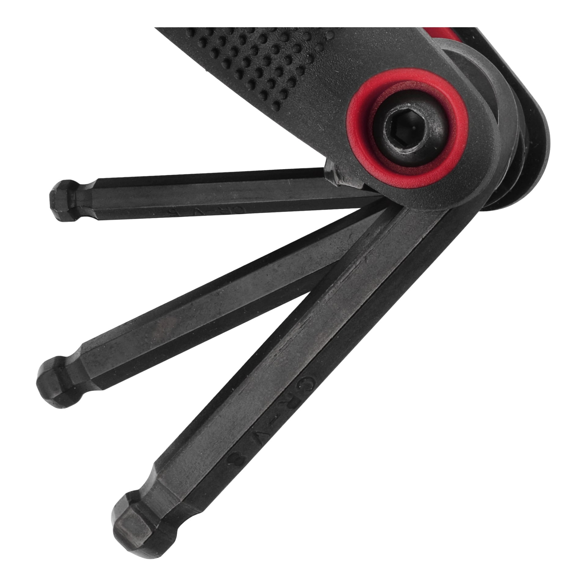 Meec Tools zestaw kluczy Hex/torx, 3-częściowy. Kilka klawiszy rozchodzi się z czarnego uchwytu z czerwonymi akcentami i teksturowanym uchwytem.