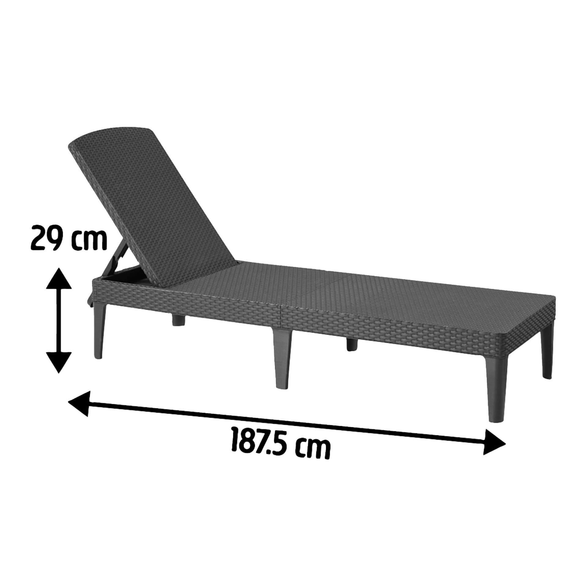 Keter solbädd Jaipur, svart vävd solstol med upphöjt ryggstöd, visad med pilar som visar 29 cm höjd och 187,5 cm längd.