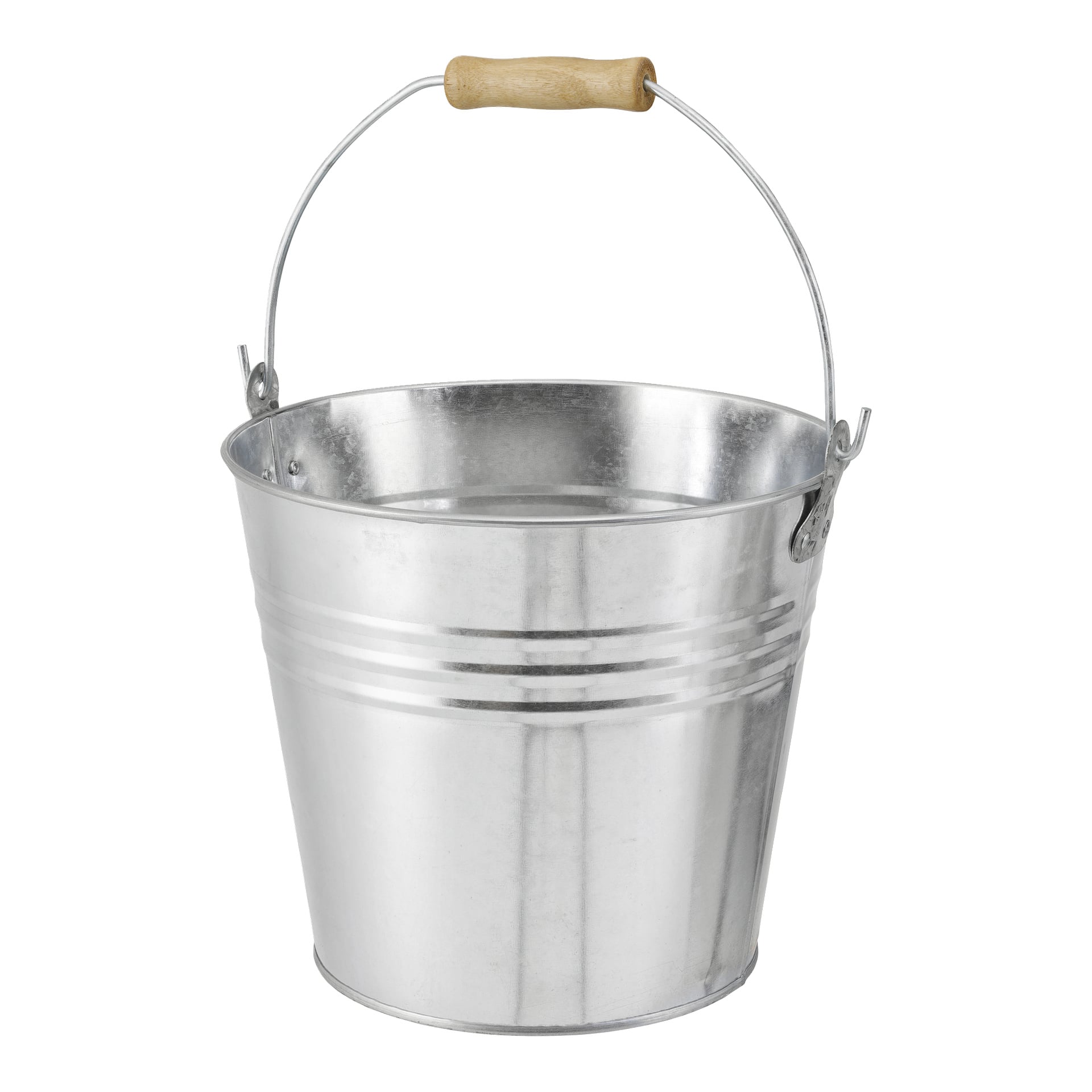 Der Hard Head Bucket mit Holzgriff ist ein glänzender Metalleimer mit zwei eingekerbten Linien und einer einfachen reflektierenden Oberfläche.