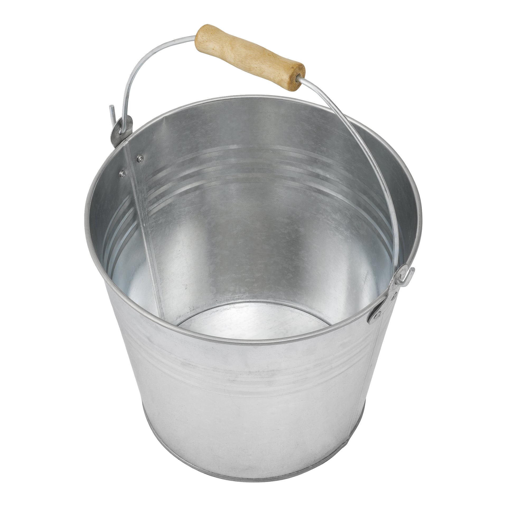 Der Hard Head Bucket hat einen Holzgriff, eine glänzend verzinkte Oberfläche und eine breite runde Öffnung; es wird leer dargestellt.