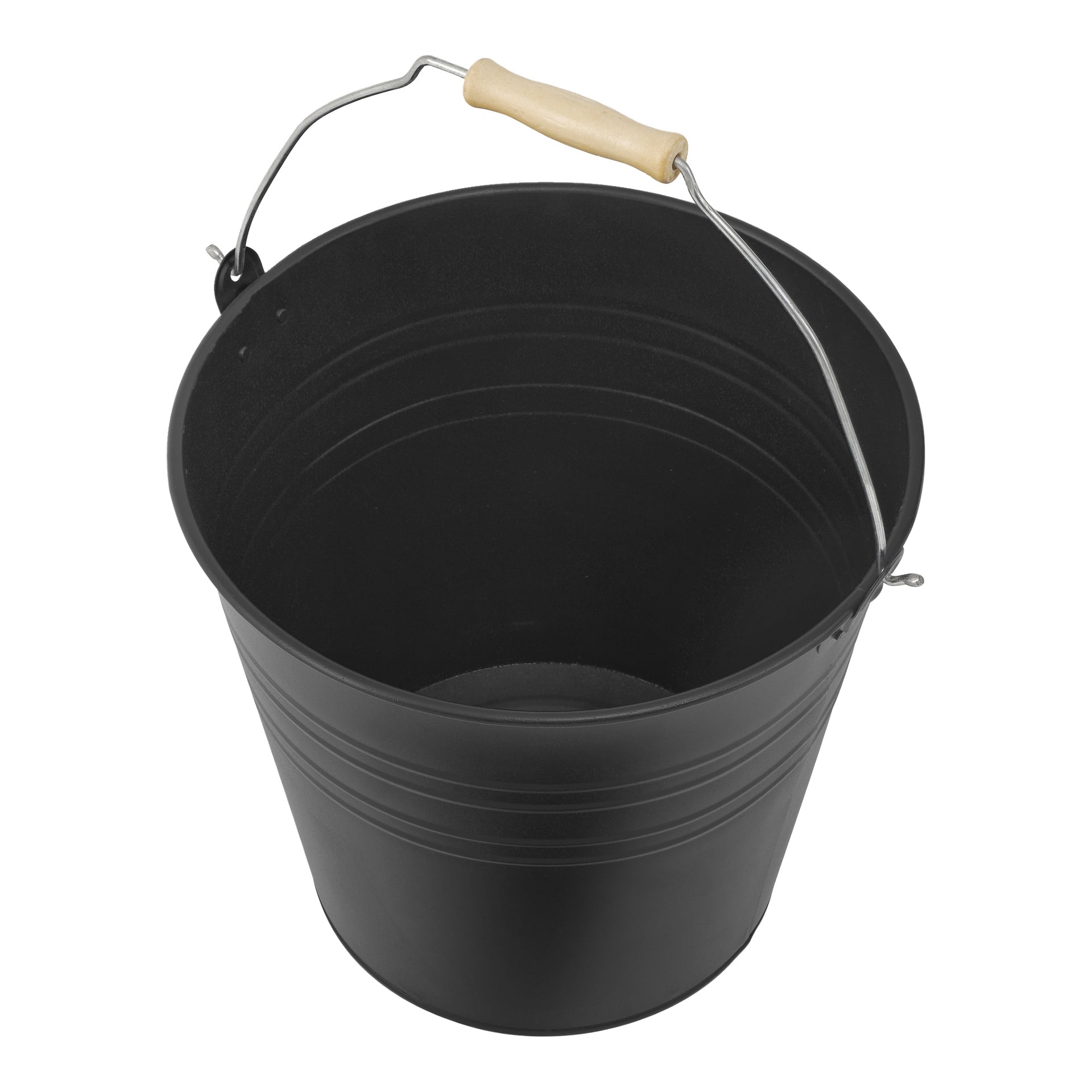 Hard Head Bucket har en svart metallkropp, et buet sølvhåndtak og et lett tregrep festet til håndtaket.