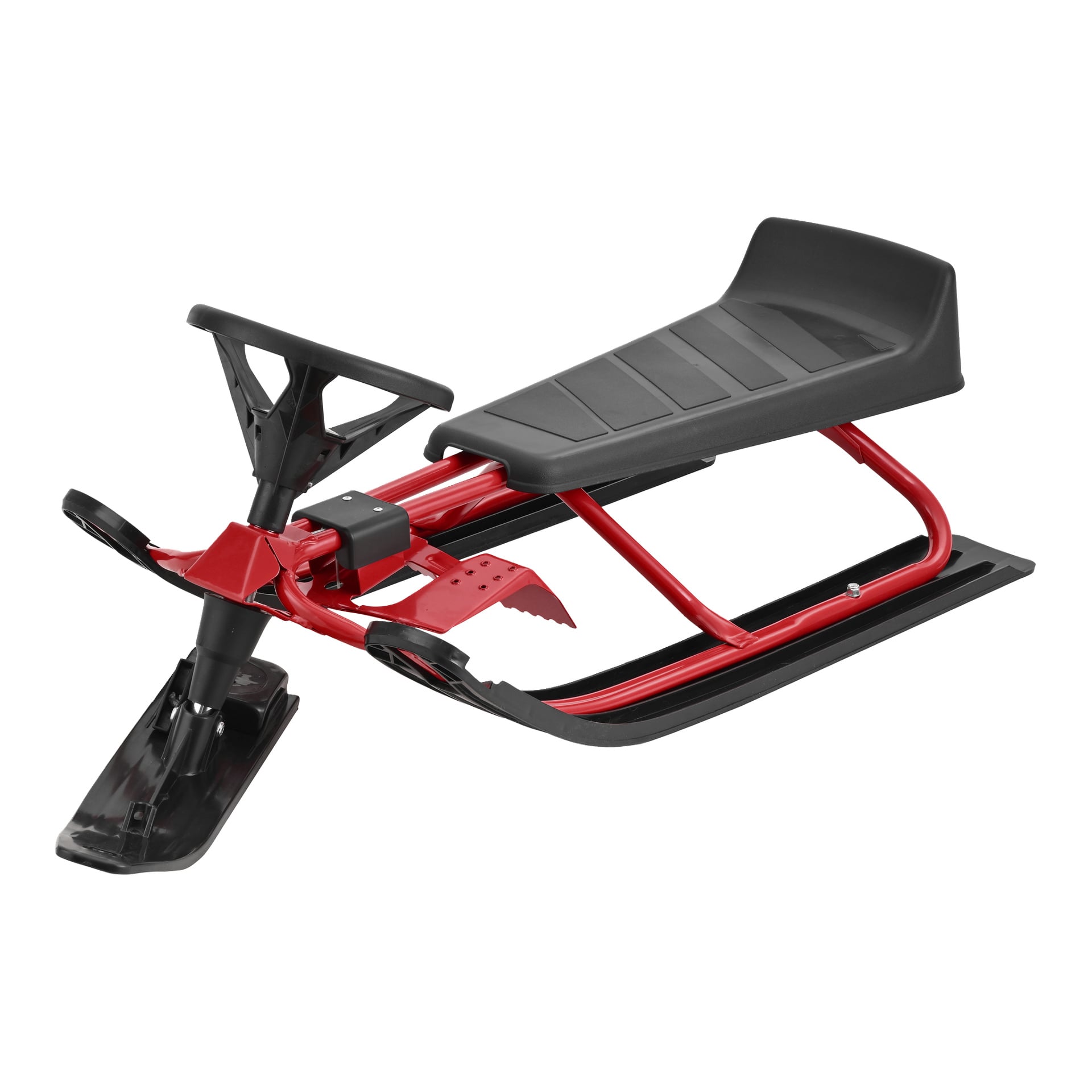 Kayoba Snow Sled med ratt, röda och svarta färger, formgjuten säte, metallram, framskida, två bakskidor, sidofotstöd.