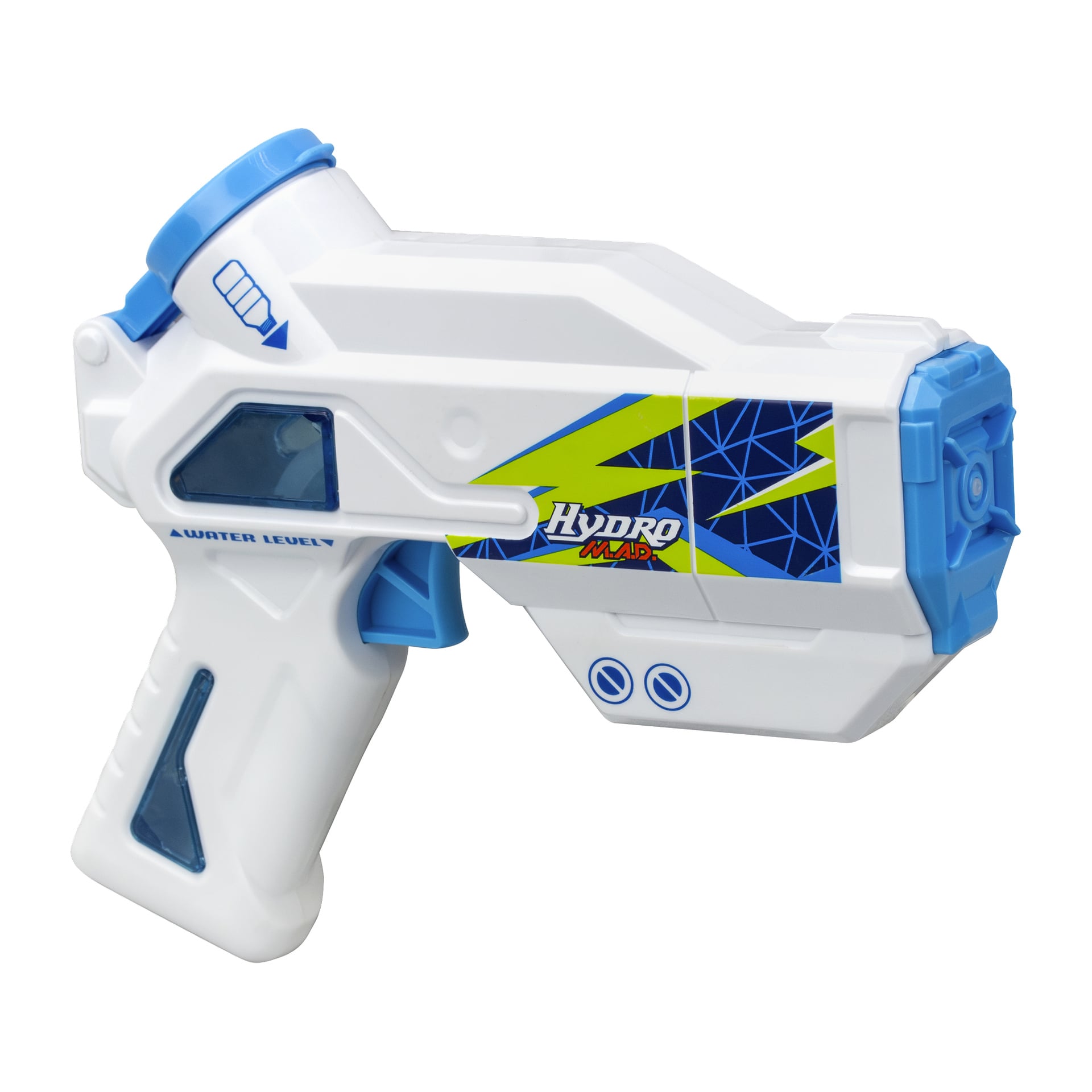 Silverlit Hydro MAD Mini Blaster, en batterivattenpistol i vitt och blått med gula och blå mönster, avtryckare, grepp och fylllock.