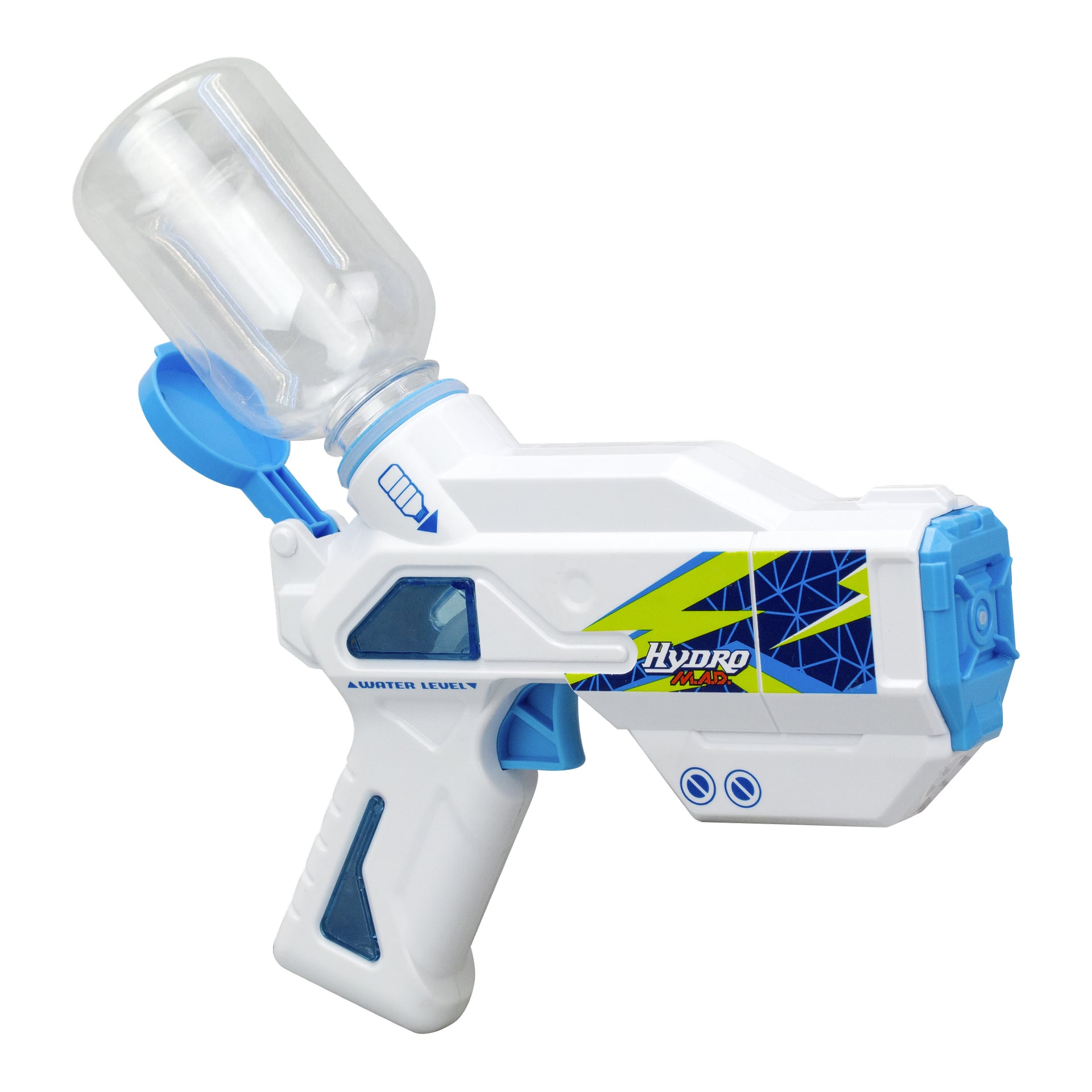 Silverlit Hydro MAD Mini Blaster, en vit och blå batteridriven vattenpistol, har en klar toppbehållare och geometriska mönster.
