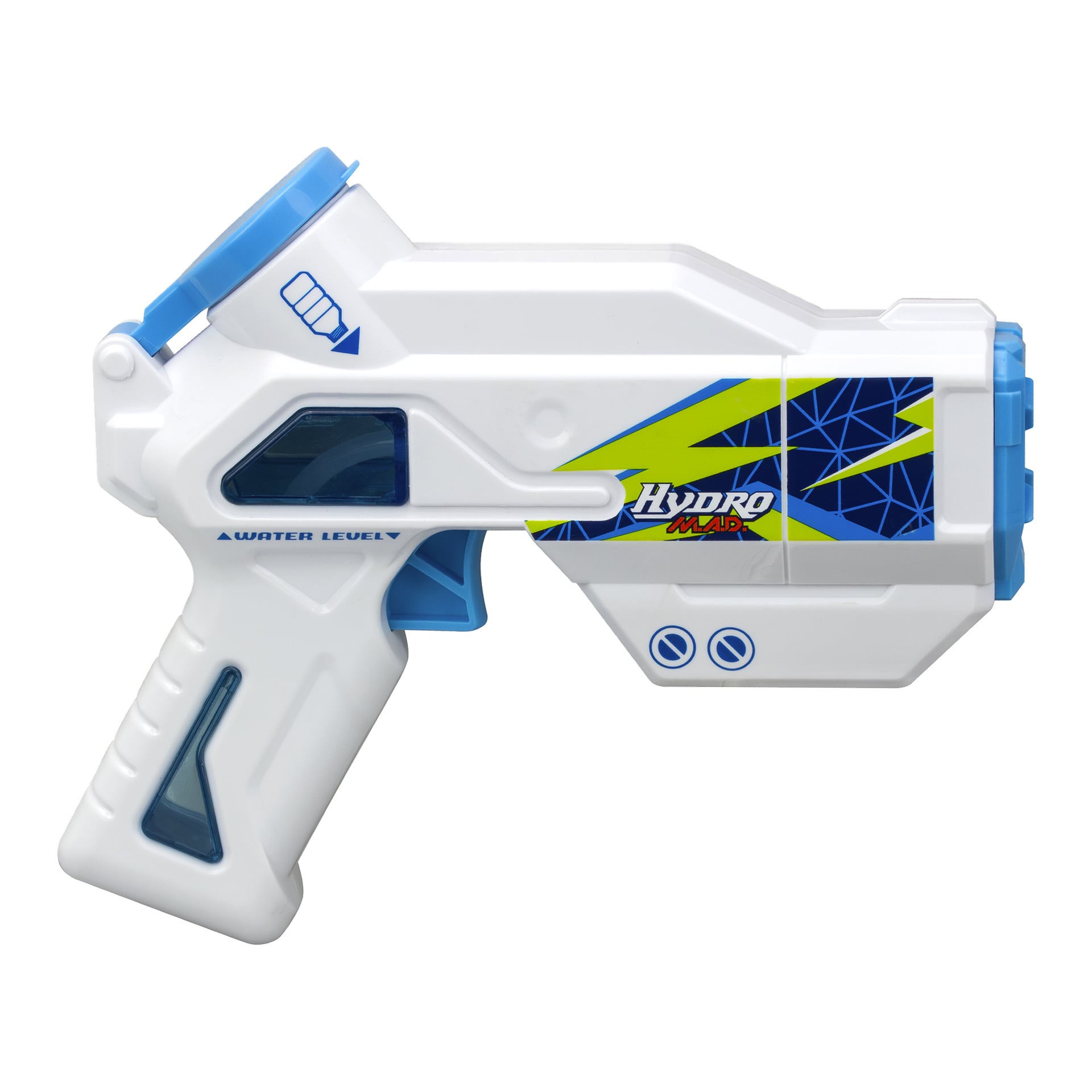 Batteridriven Silverlit Hydro MAD Mini Blaster med vit och blå kaross, geometriska gulblå mönster, "Hydro"-etikett, vattenfönster.