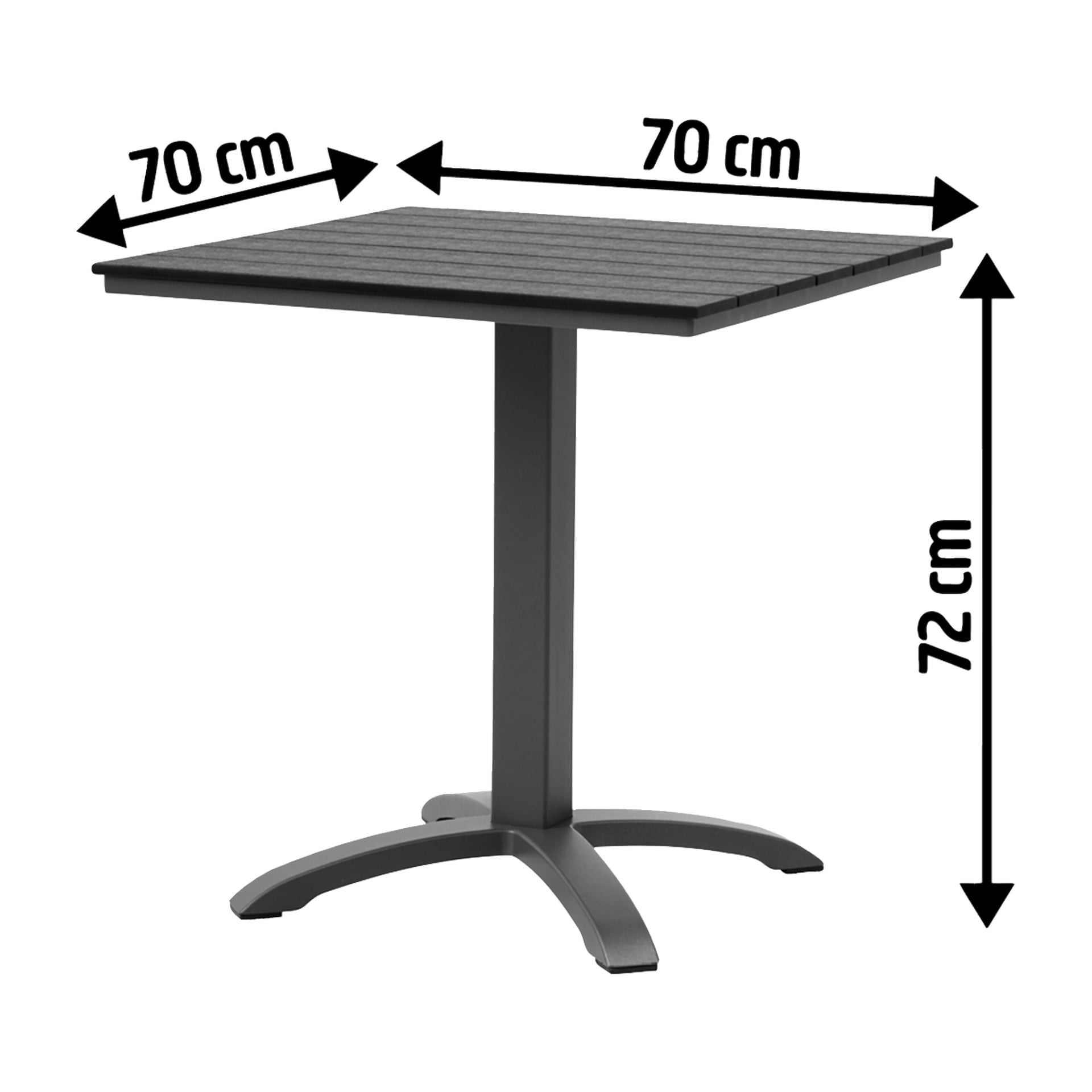 EKVAP-bord med en svart fyrkantig skiva på 70x70 cm och 72 cm höjd, visas på en central sockel. Pilar visar dess storlek.