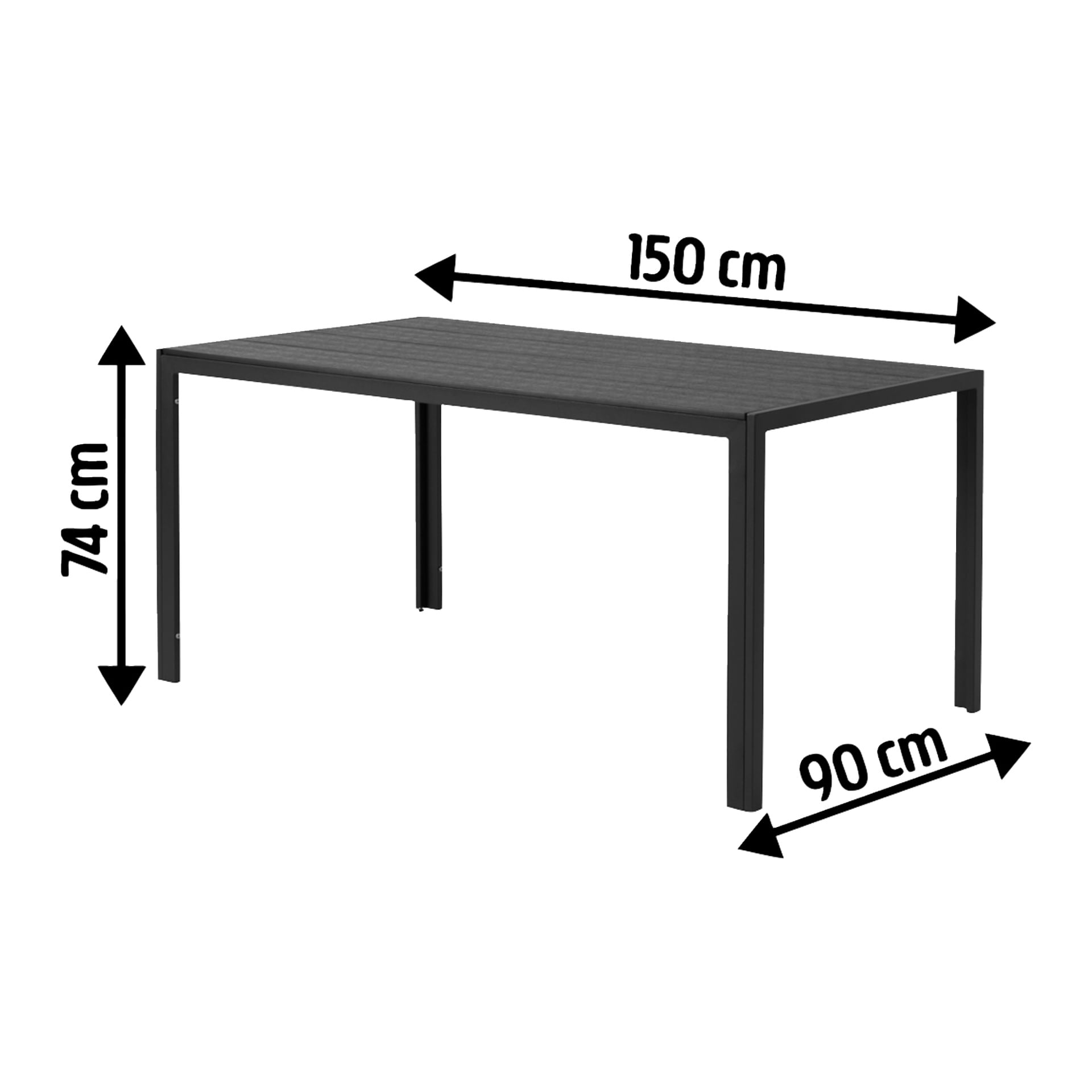 Rektangulärt svart EKVIP-bord med fyra ben; pilar och etiketter visar mått: 150 cm lång, 90 cm bred, 74 cm hög.