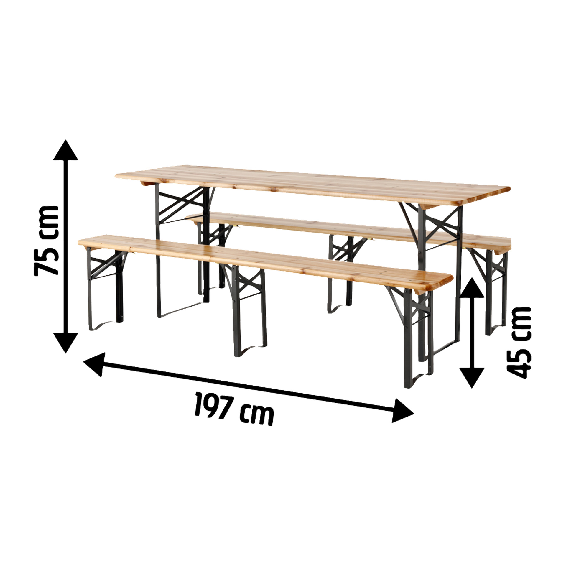 EKVIP Fällbara bänkset inkluderar ett träbord (197x75 cm) och två bänkar (197x45 cm) med svarta metallben, dimensioner markerade med pilar.