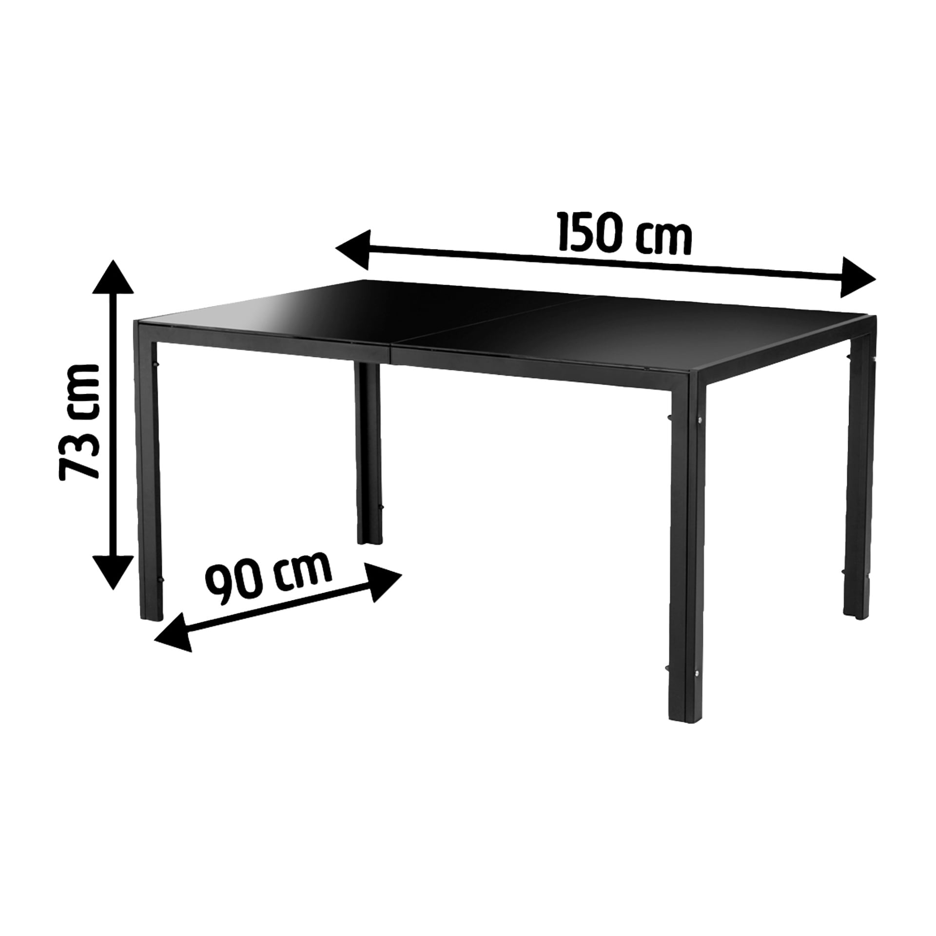 EKVIP Bord, svart og rektangulært med fire ben, måler 150x90x73 cm. Piler viser lengde, bredde og høyde.