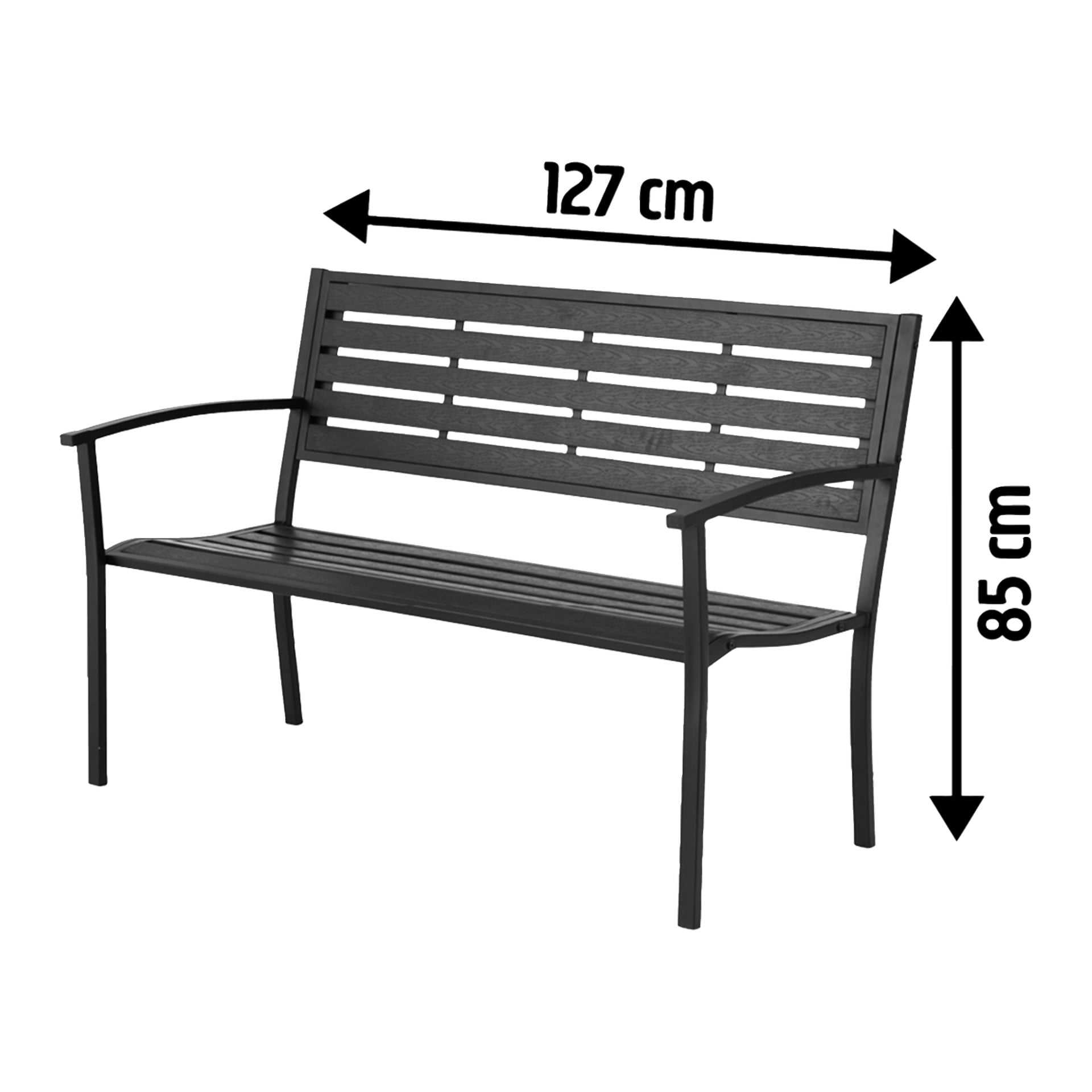 Svart EKVAP-bänk med horisontella ribbor på sätet och ryggstödet, dimensionerna 127 cm bred och 85 cm hög.