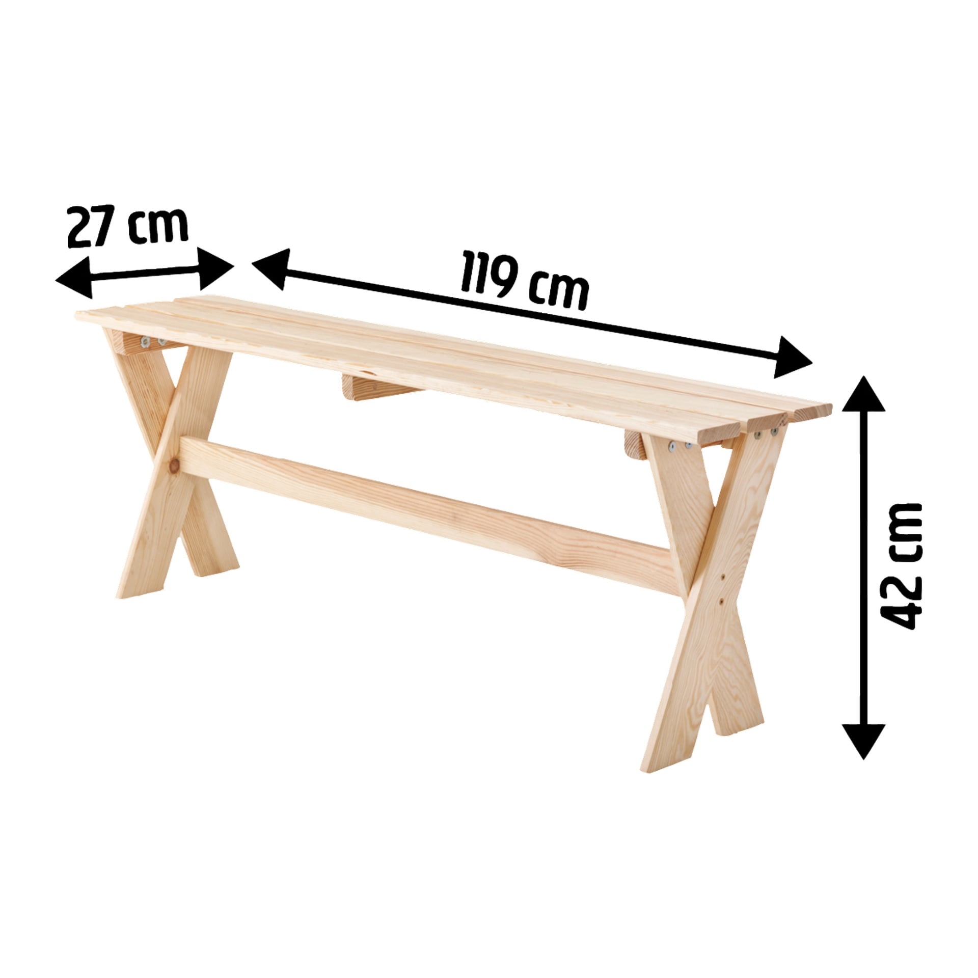EKVIP Holzbank aus hellem Holz mit X-Beinen und einem Stützbalken, Maße 119x27x42 cm.