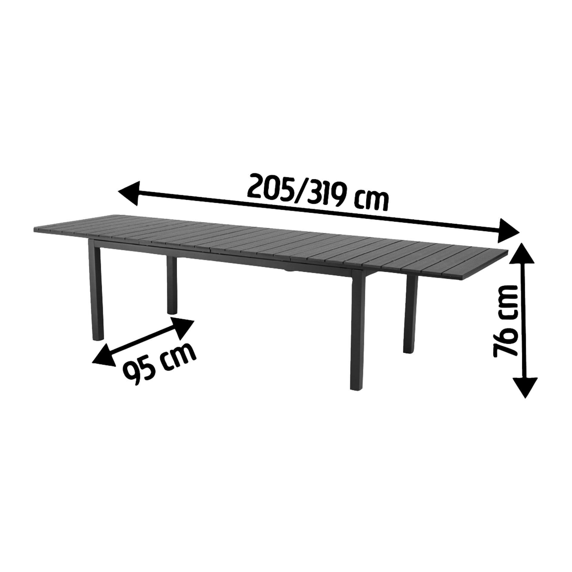EKVIP är ett svart, rektangulärt utdragbart bord med en ribbelskiva och fyra ben; Storlek: 205/319×95×76 cm.