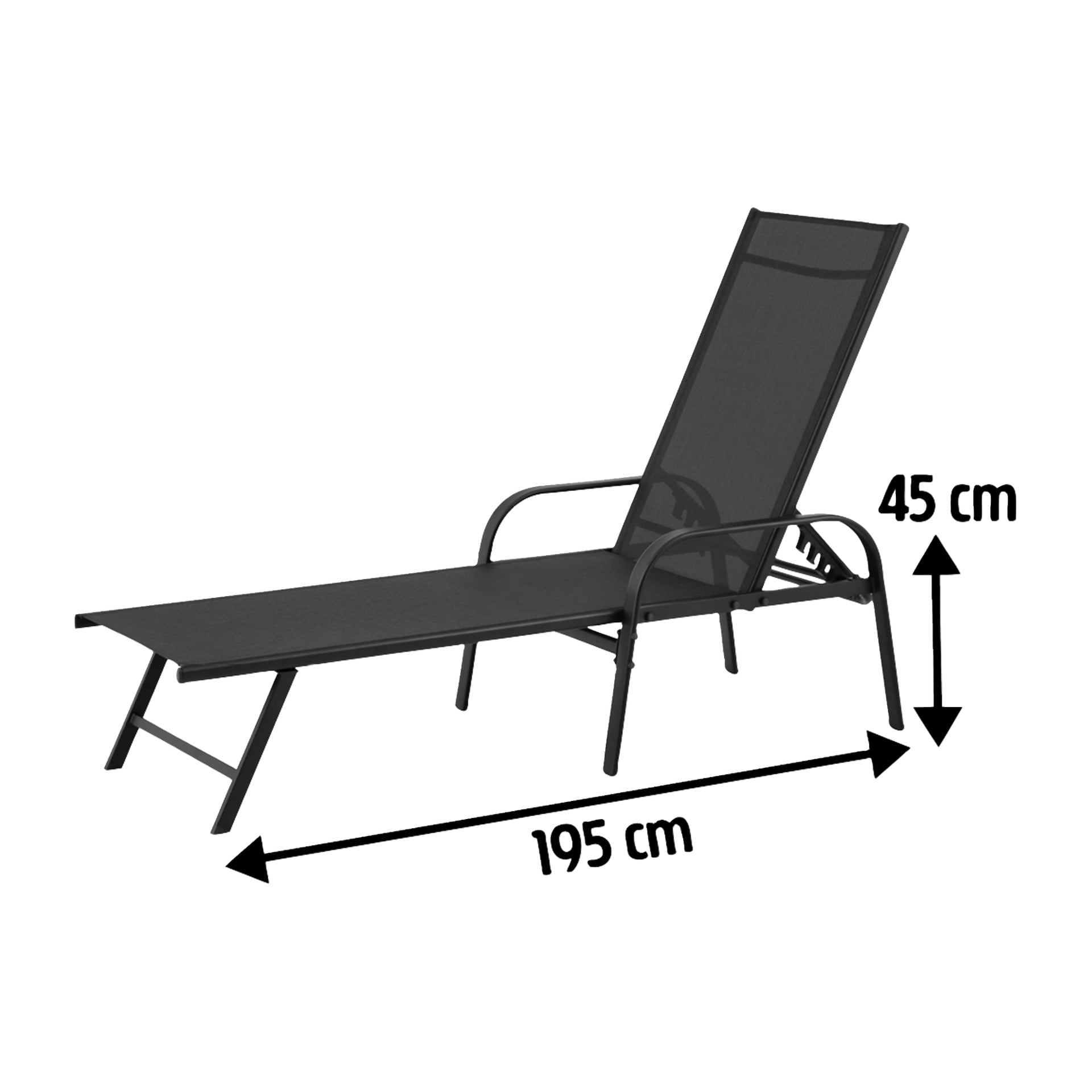 Svart EKVIP solbädd med armstöd, sitthöjd 45 cm, total längd 195 cm.