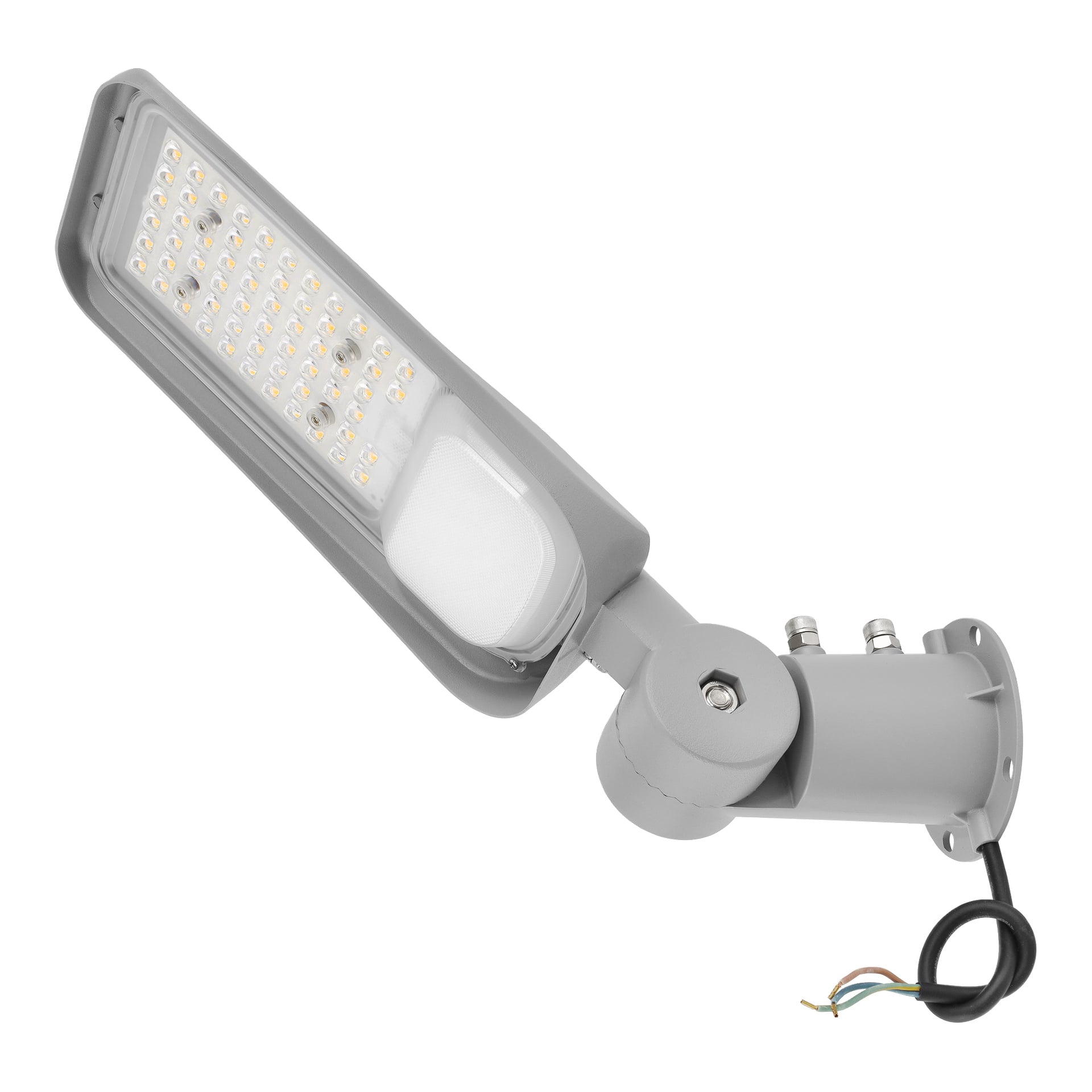 Szara lampa LED Anslut Outdoor posiada regulowane ramię, widoczne okablowanie podstawowe oraz kilka małych diod LED pod przezroczystą soczewką.
