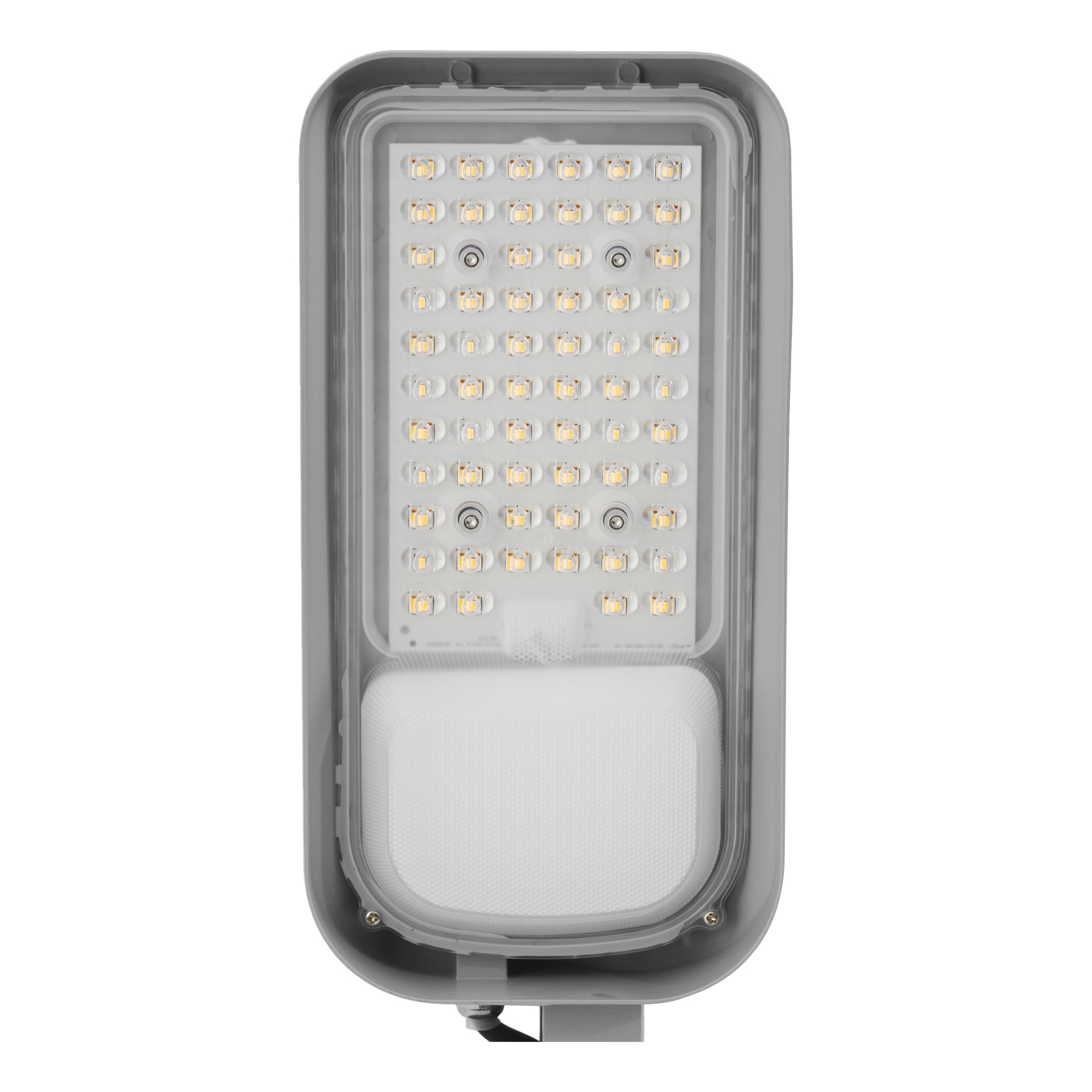 Närbild av Anslut utomhus LED-armatur med flera små LED-lampor arrangerade i ett rutnät inuti ett rektangulärt grått hölje, med vit texturbas.