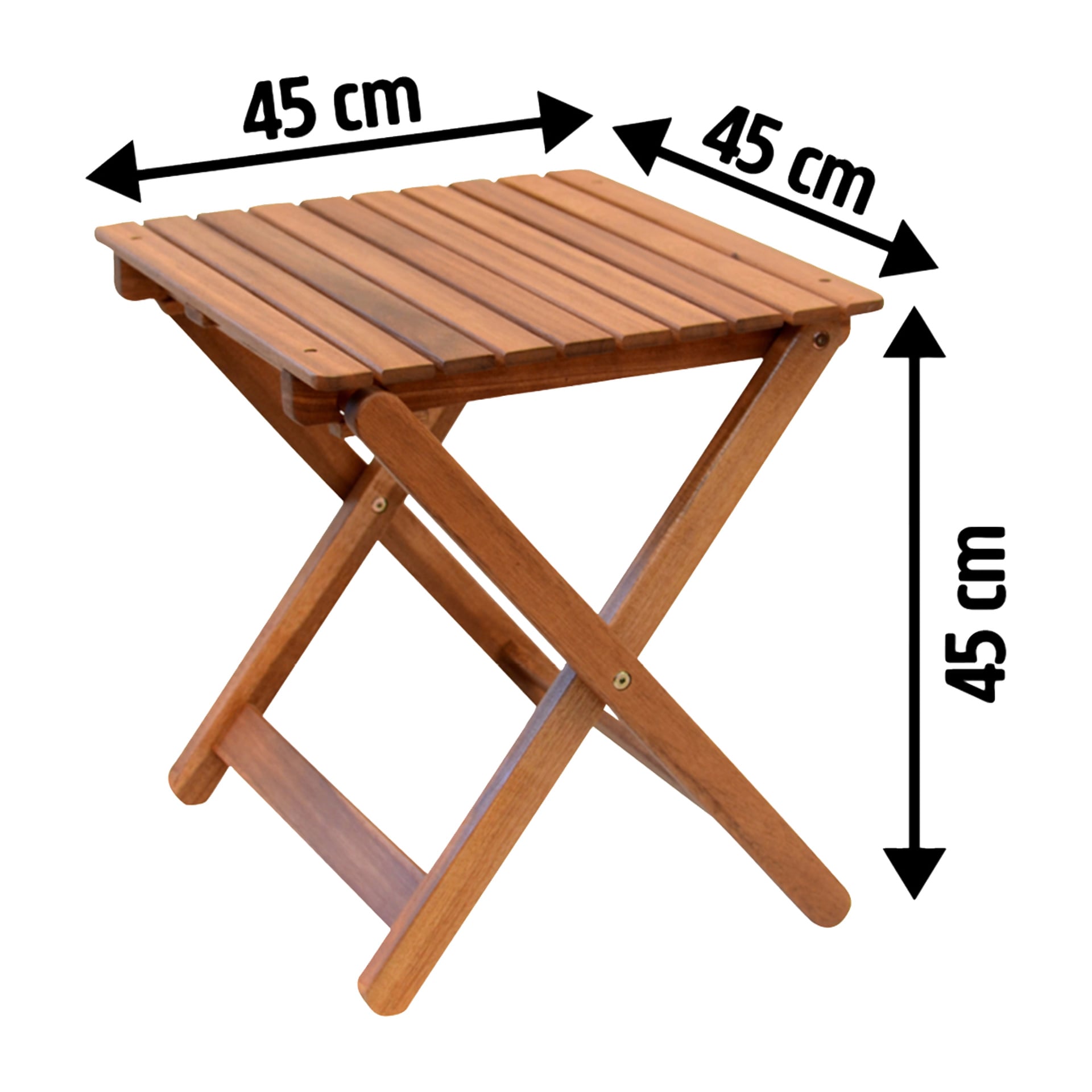 Et kompakt EKVIP sammenleggbart trebord med lameller, målt 45x45x45 cm, vist med piler som markerte målene.