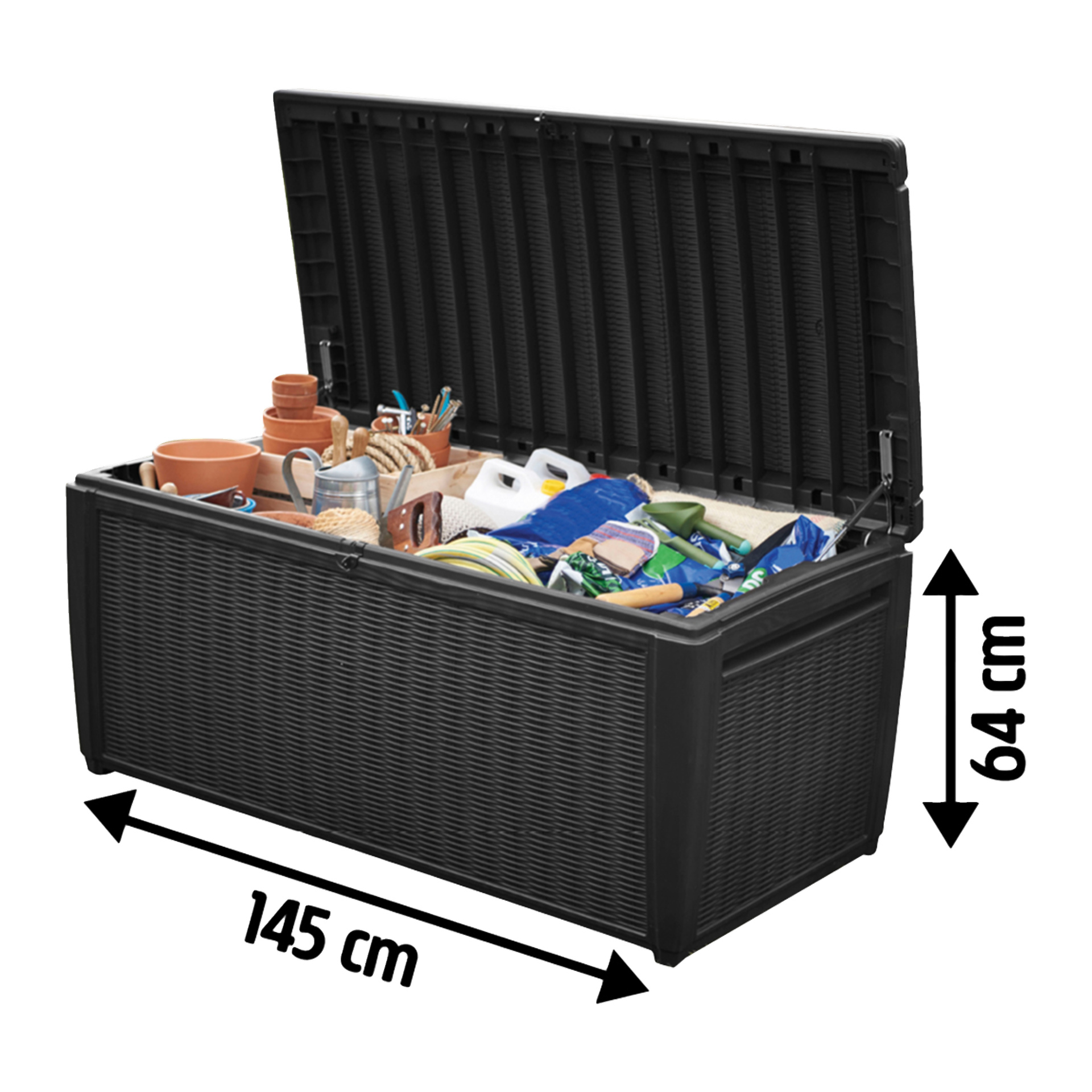 Die Keter Cushion Box Sumatra ist eine große schwarze Aufbewahrungsbox mit offenem Deckel, gefüllt mit Blumentöpfen, Materialien und Taschen. 145x64 cm.