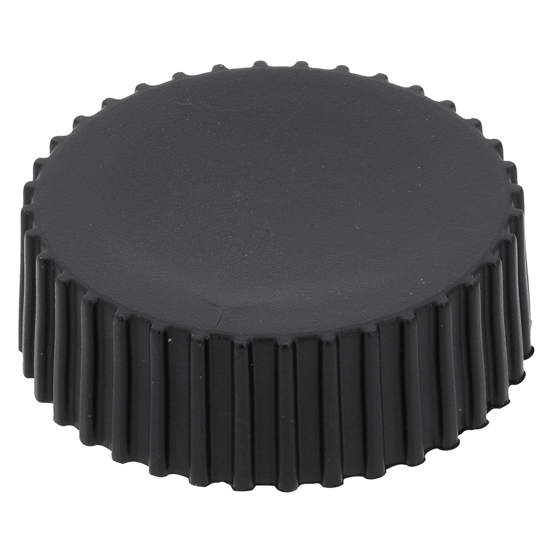 Ett svart, runt plastlock för en laddstation med platt topp och räfflad kant.