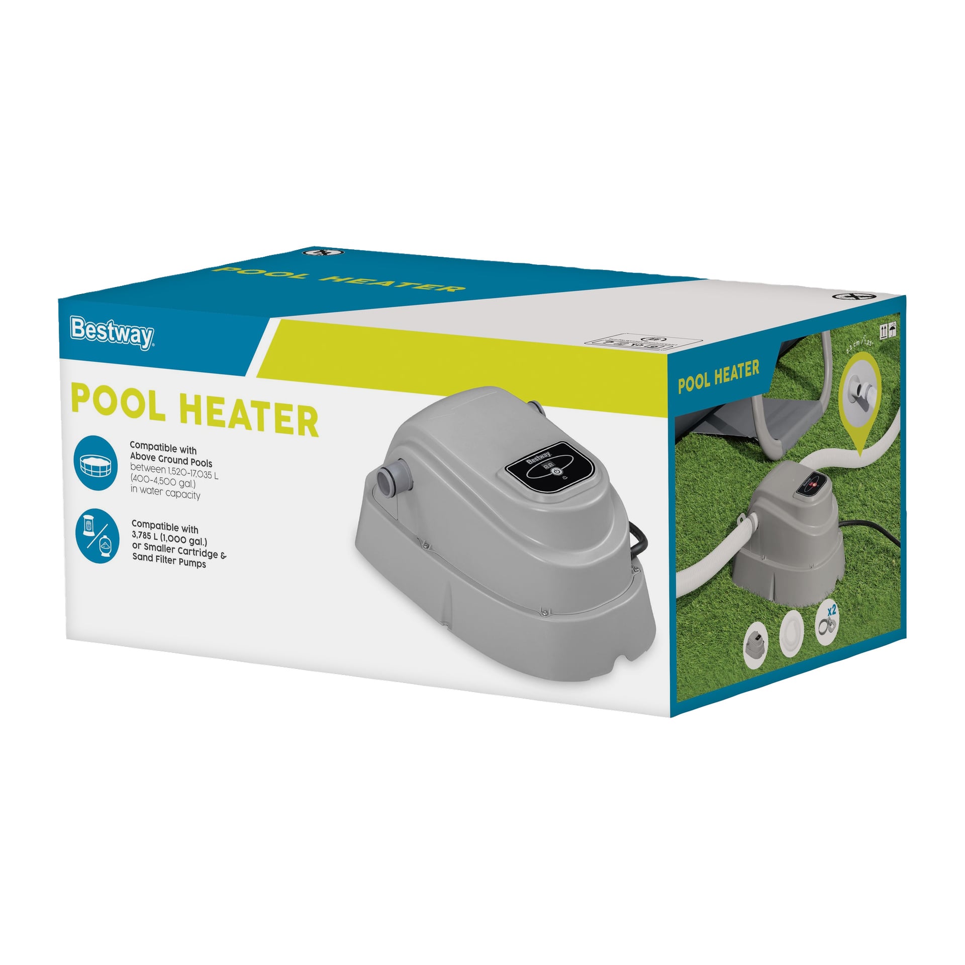 En rektangulär Bestway Electric poolvärmarbox visar enheten på framsidan och sidan, plus kompatibilitetsinformation för pooler och filter.