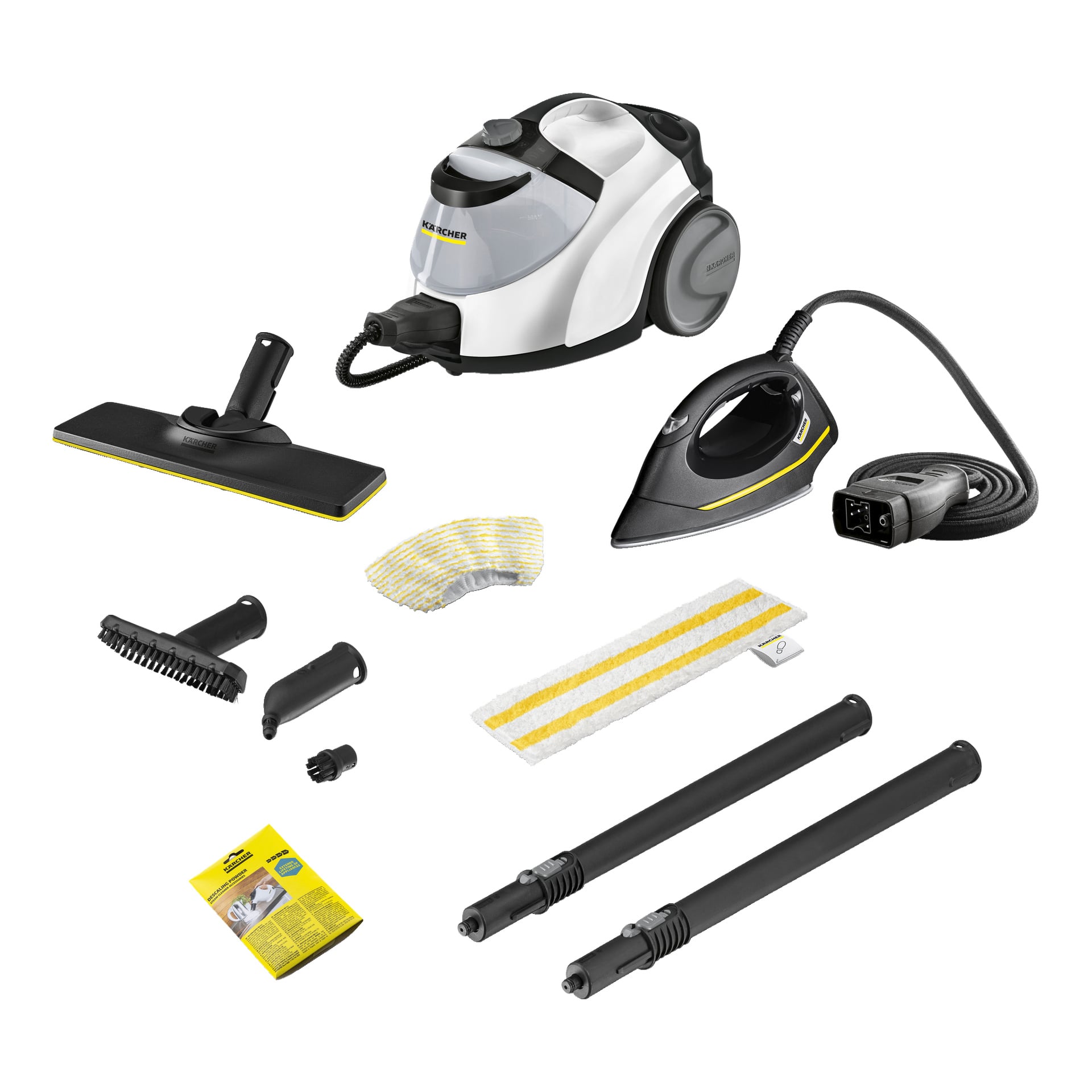 Kärcher SC 5 EasyFix Iron damprensersett vises med hovedenhet, slanger, strykejervel, skjøterør, dyser, børster, kluter og instruksjoner.