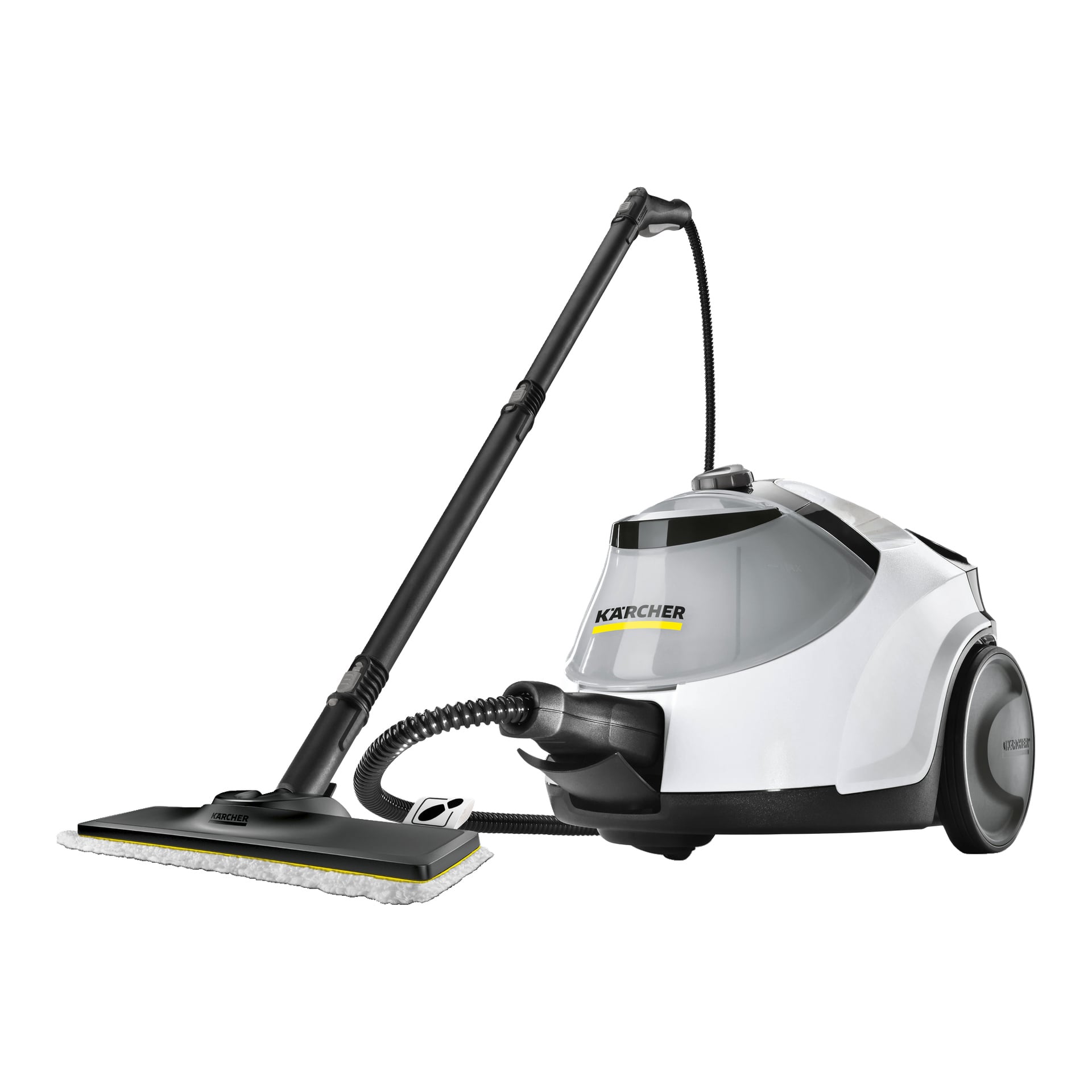 En hvit Kärcher SC 5 EasyFix Iron damprenser, gulvsett og dampjern med langt håndtak, rektangulært hode og tilkoblet slange.