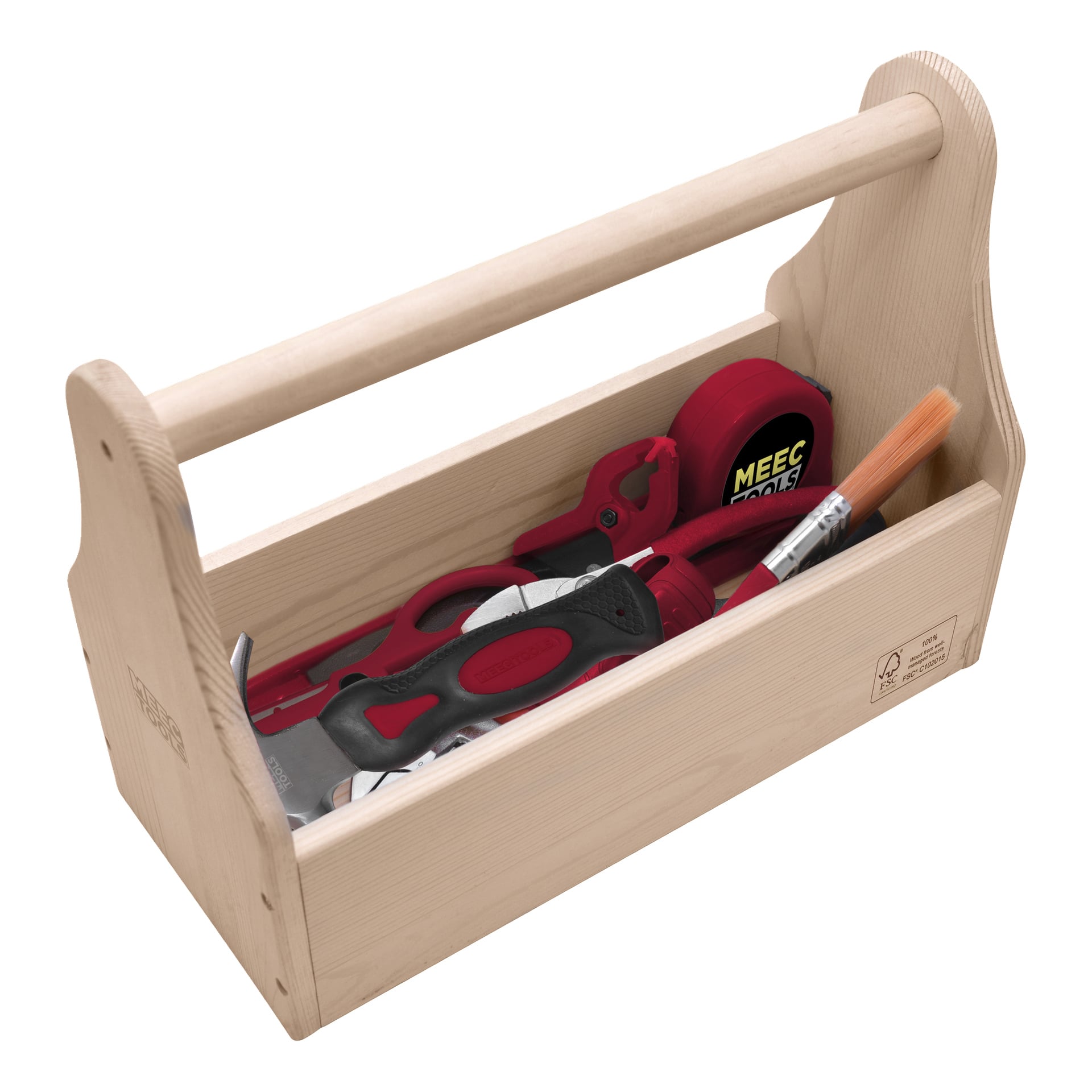 En öppen trälåda visar 11 Meec Tools-essentials: hammare, måttband, täng, pensel och en röd hobbykniv.