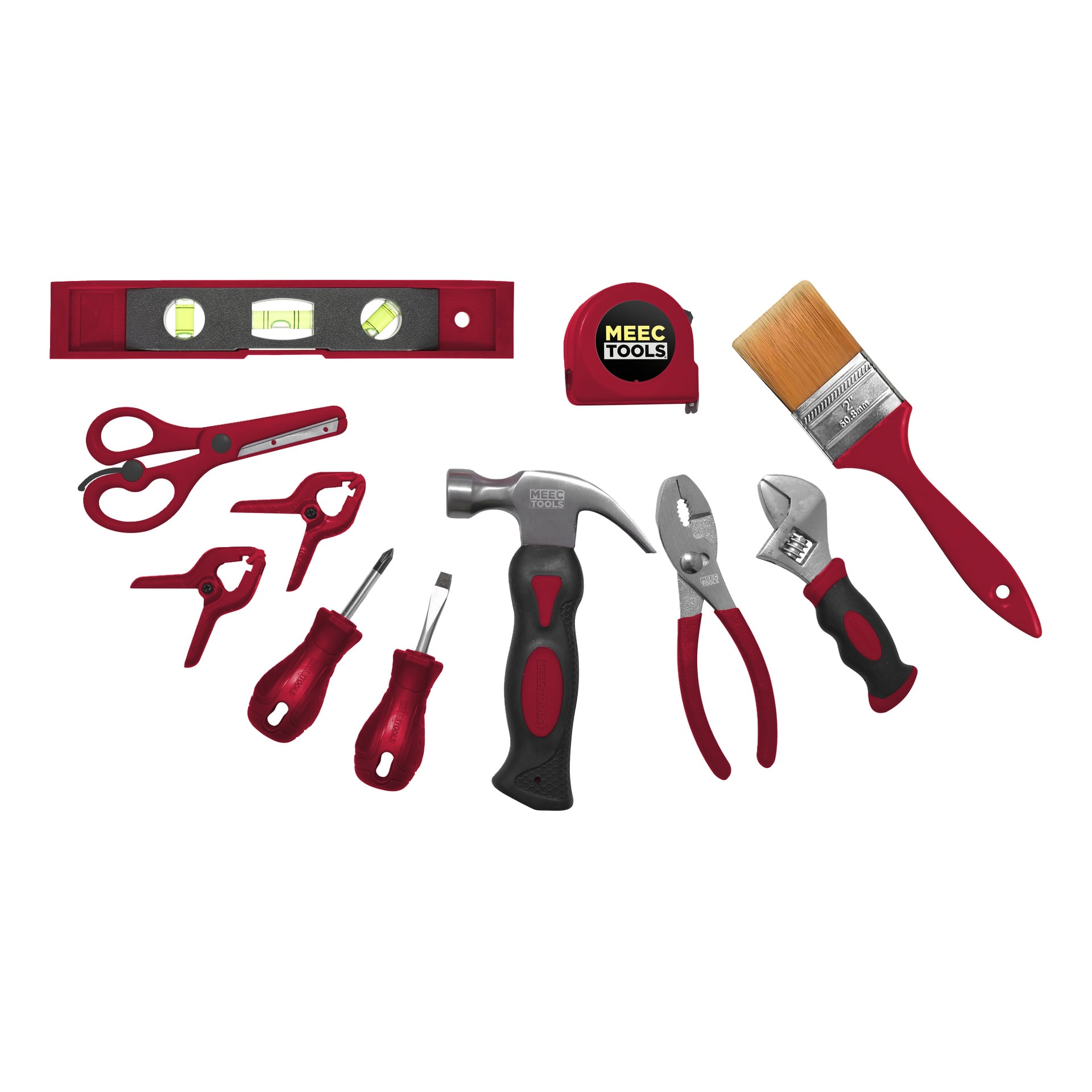 Meec Tools nybörjarverktygslåda med 11 stycken, med röda och svarta handtagsverktyg inklusive vattenpass, tejp, borste, täng, skiftnyckel, hammare, skruvmejslar, klämmor och sax.