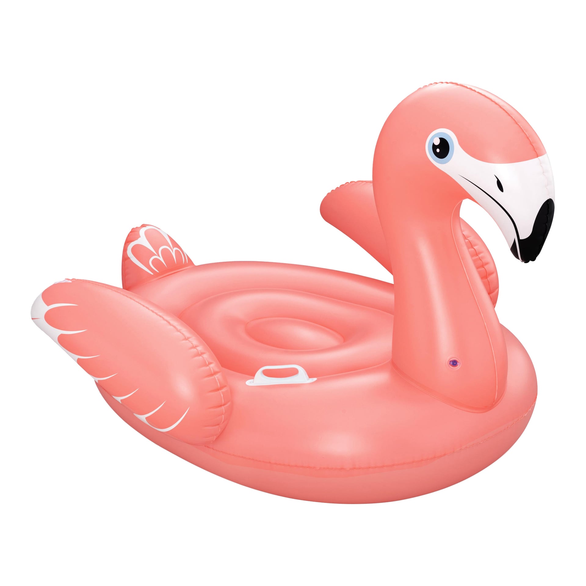 En oppblåsbar bassengflåte formet som en rosa flamingo, med hvite vinger, rund bunn og to håndtak på sidene.