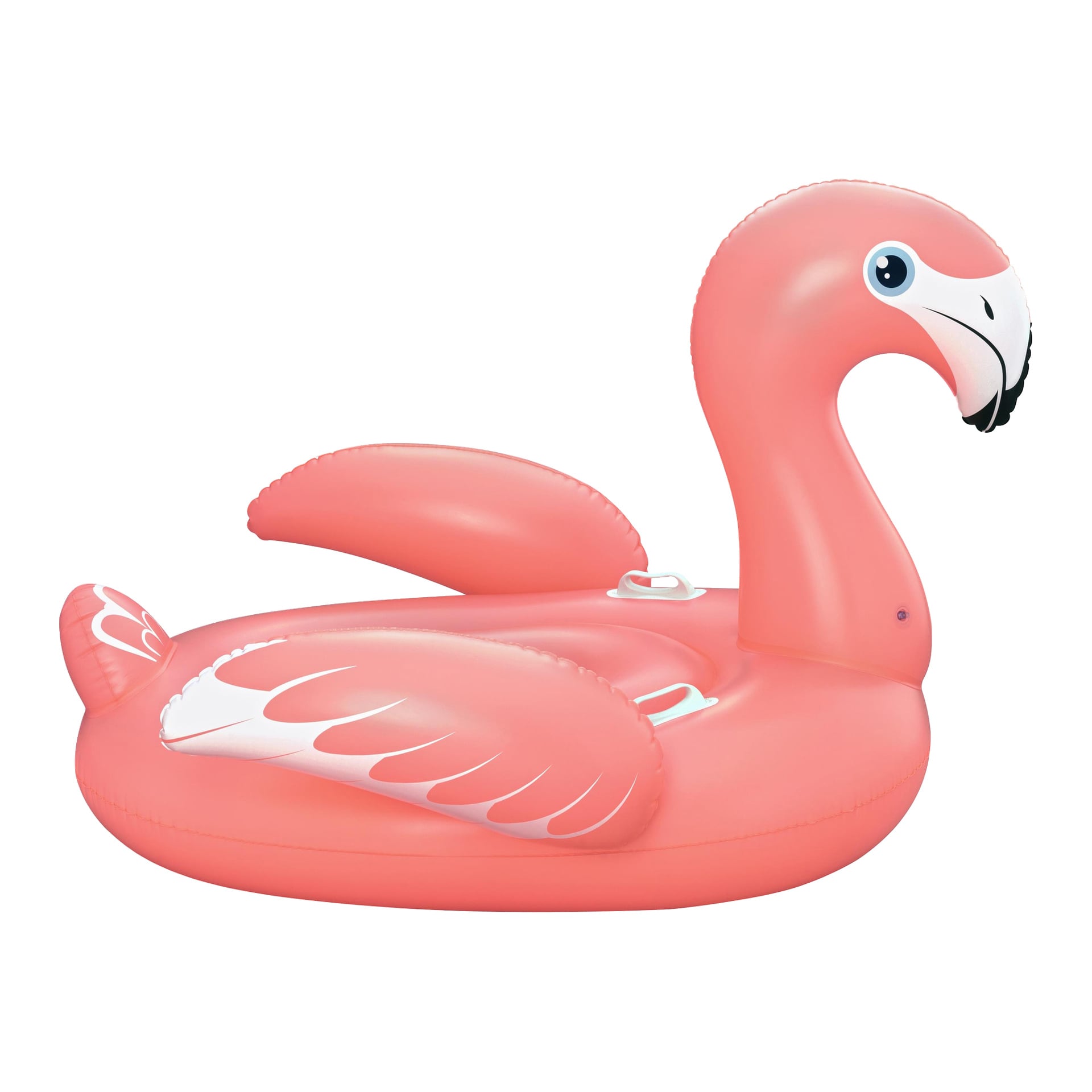 Bestway Flamingo vannleketøy er en stor, rosa oppblåsbar bassengflåte formet som en flamingo med hvite og svarte nebb- og vingedetaljer.