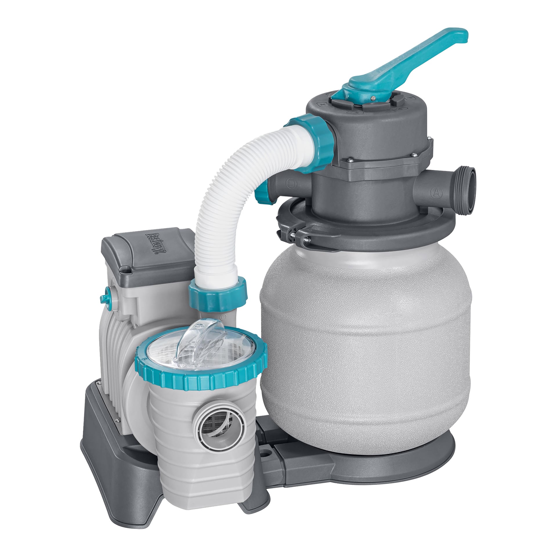 Harmaa ja turkoosi Bestway Sand Filter -pumppu, jossa on sylinterimäinen säiliö, yläsille asennettu säätöventtiili, pumppu ja joustava liitosletku.